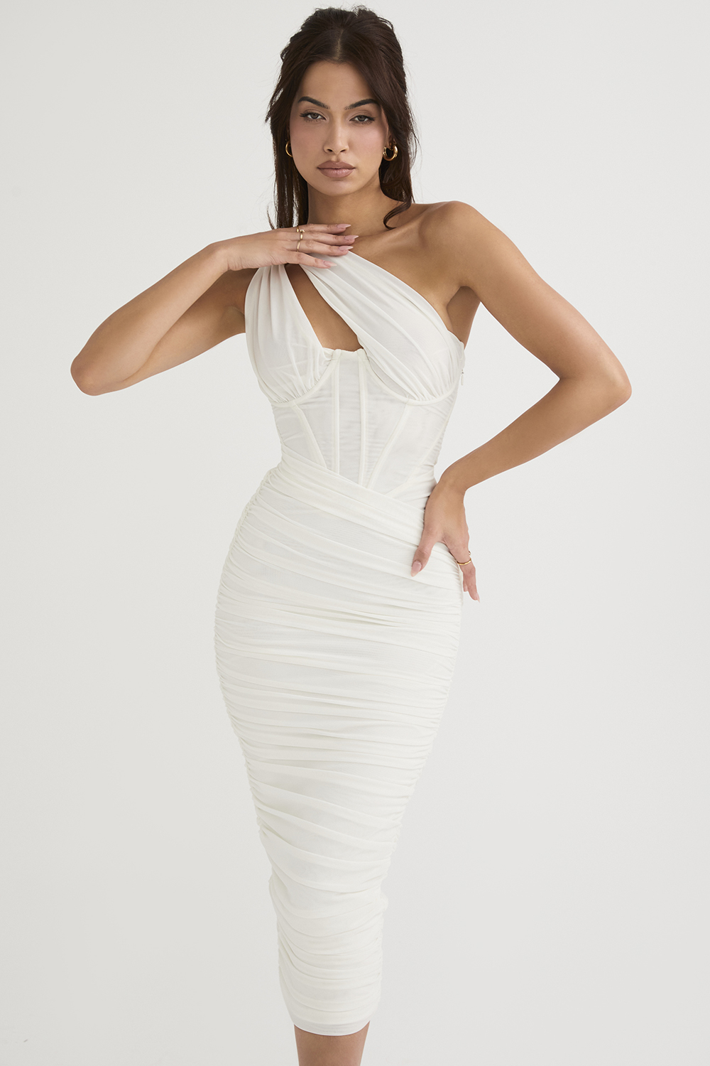 Valentina Ivory Asymmetric Cutout Midi Dress