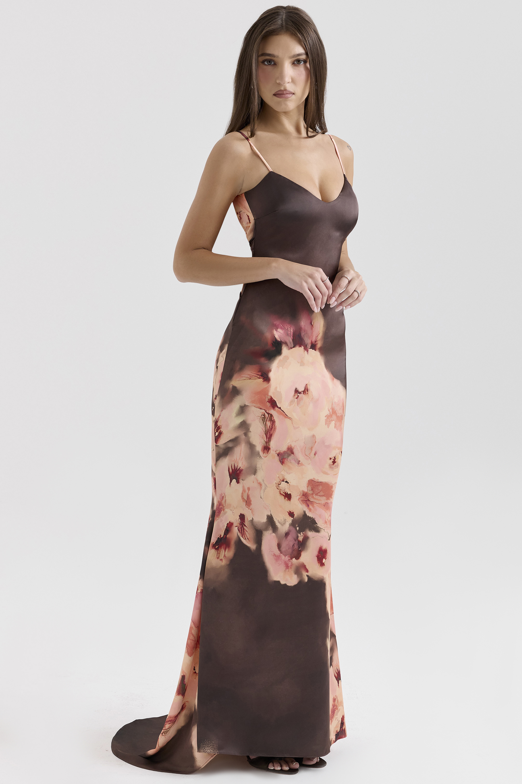 Mariamma Dark Brown Floral Printed Satin Maxi Dress