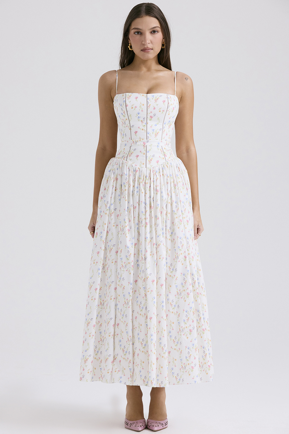 Ysabella White Posy Print Cotton Maxi Sundress