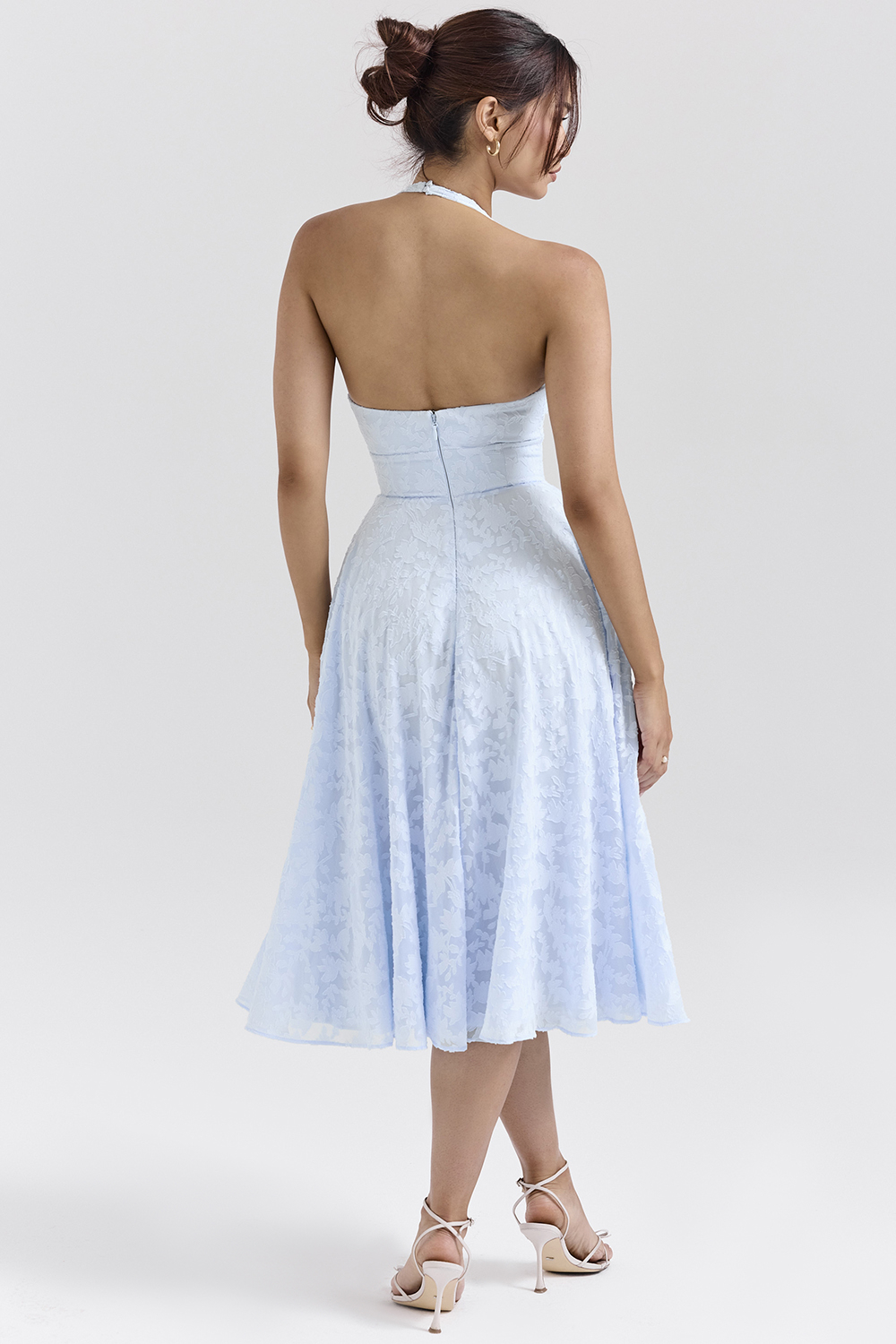 Arietta Bluebell Floral Jacquard Halter Midi Dress