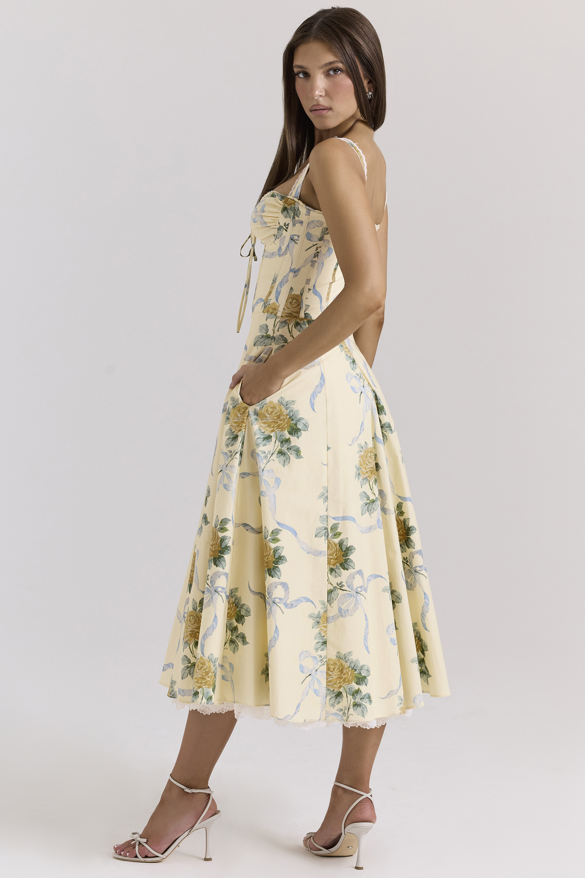 Rosalee Lemon Vintage Ribbon Print Cotton Midi Dress
