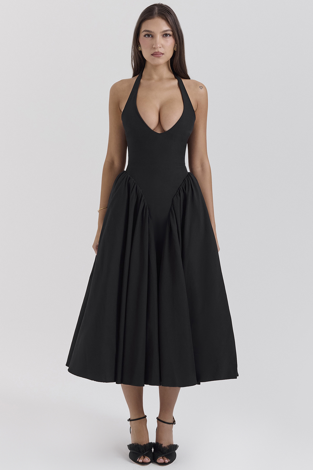 Marilyn Black Twill Halter Midi Dress