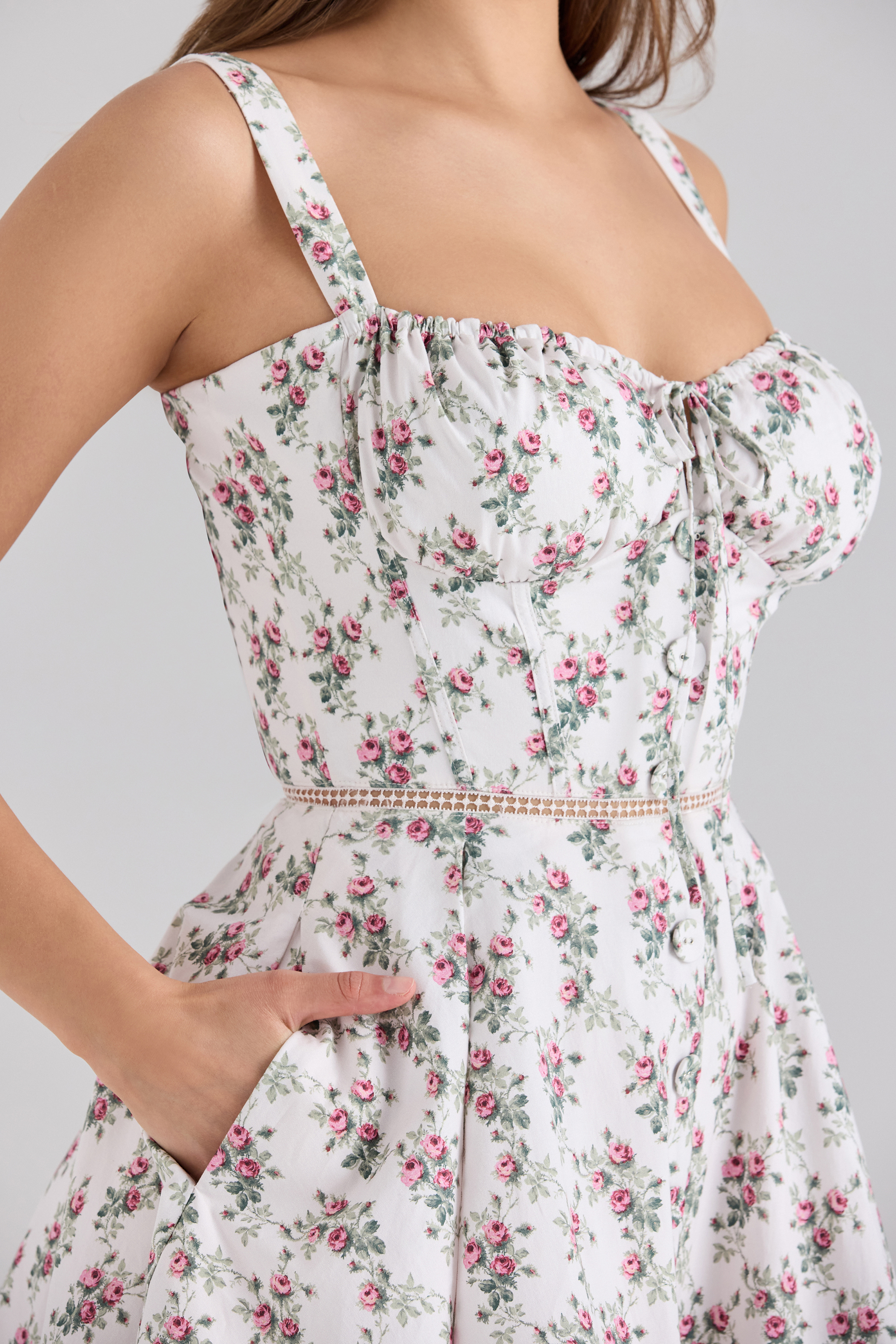 Calia Cream Rose Print Stretch Cotton Mini Dress