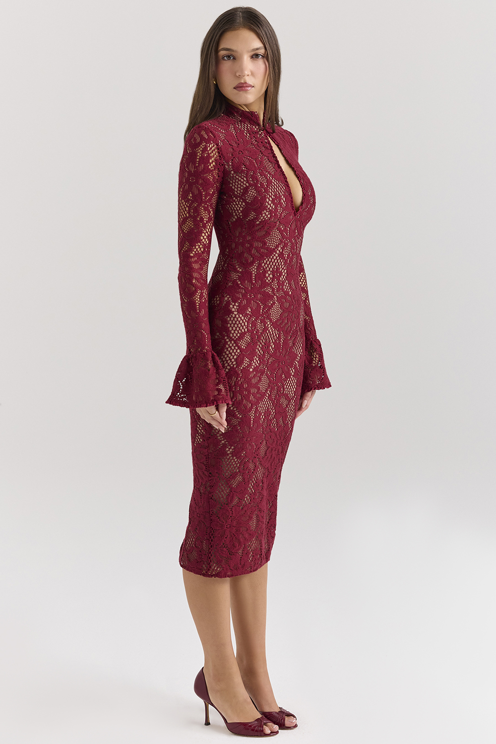 Pierette Berry Lace Midi Dress