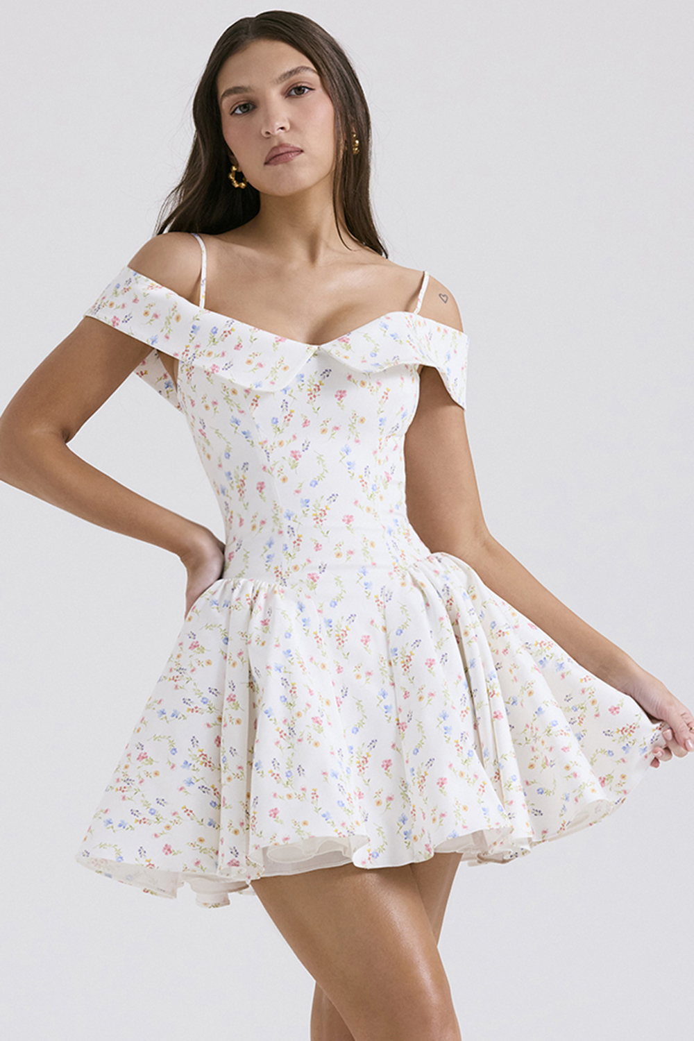 Elida White Posy Print Corset Mini Dress