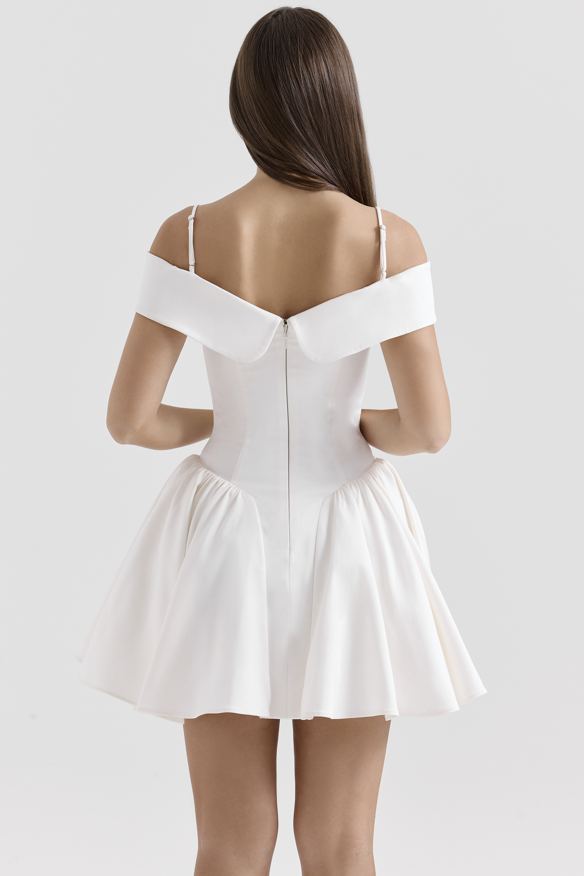 Elida White Twill Off Shoulder Mini Dress