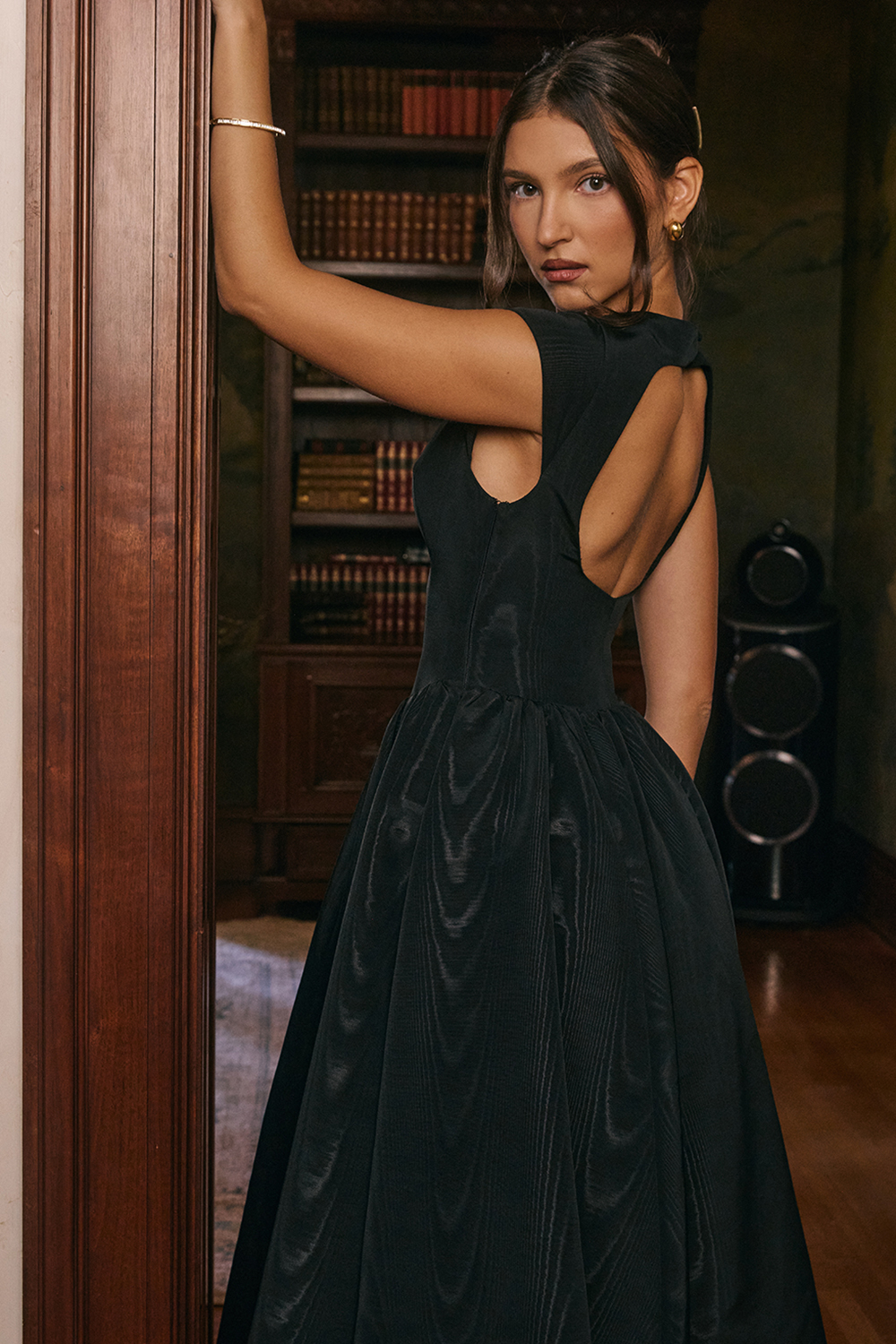 Debutante Black Moire Satin Backless Midi Dress