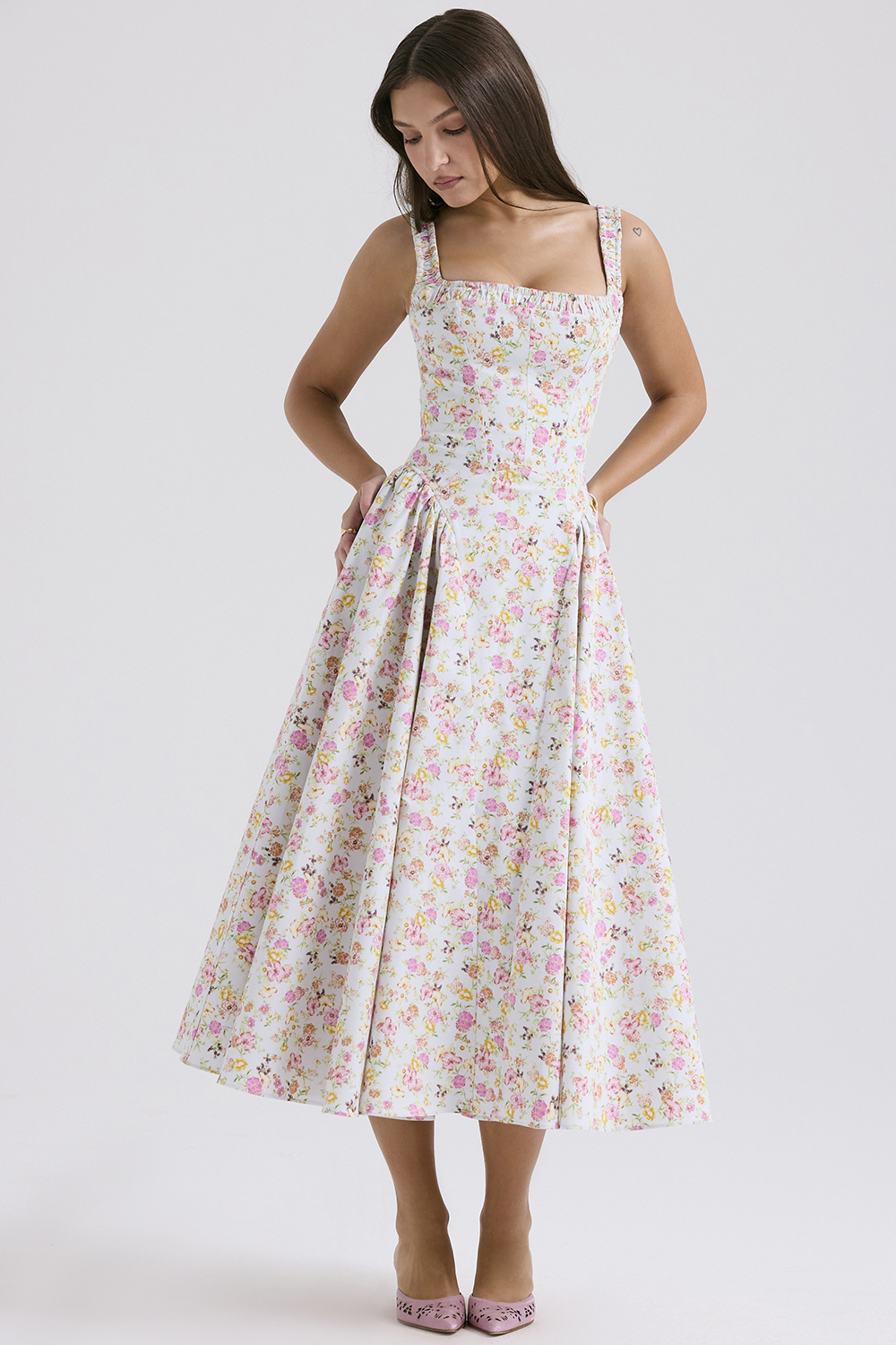 Dorothy Pale Blue Meadow Print Cotton Midi Sundress