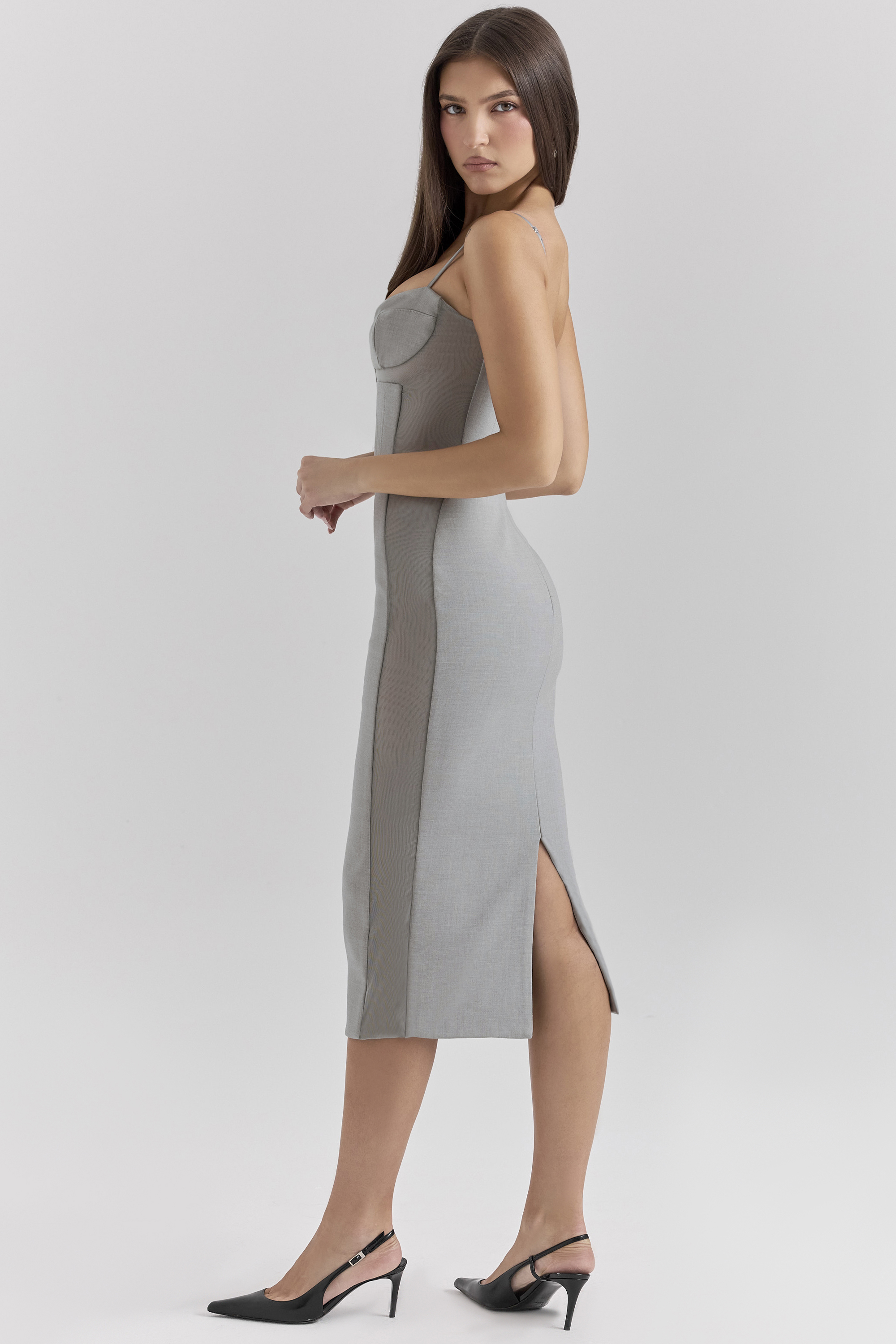 Kiki Light Grey Mesh Panelled Bodycon Midi Dress