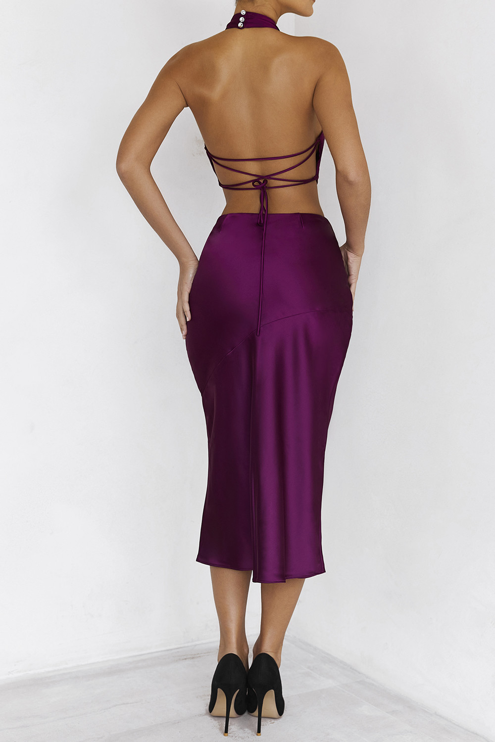 Mistress Rocks Plum Satin V-Shaped Midi Skirt - SALE