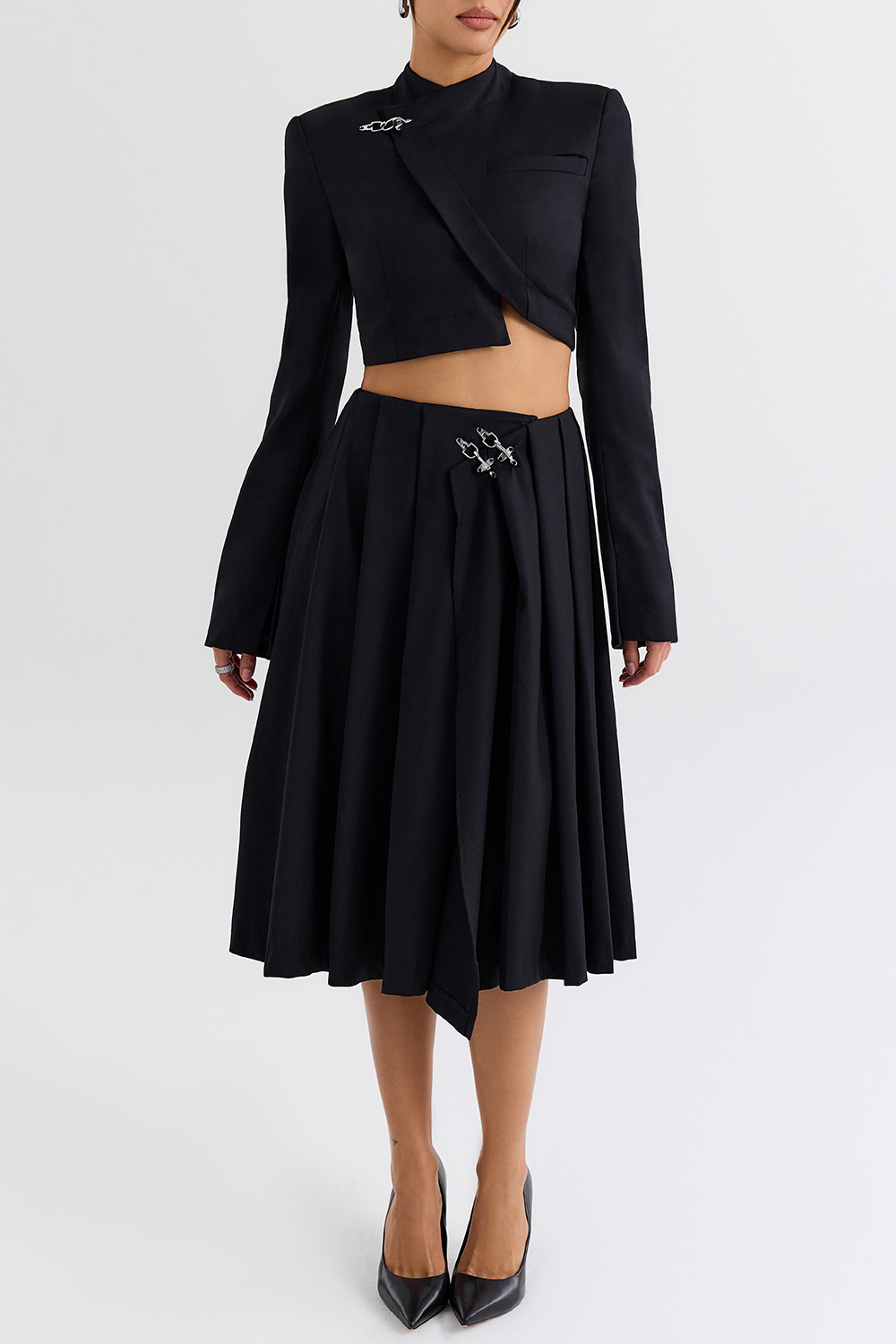 Mistress Rocks Black Pleated Wrap Front Midi Skirt - SALE