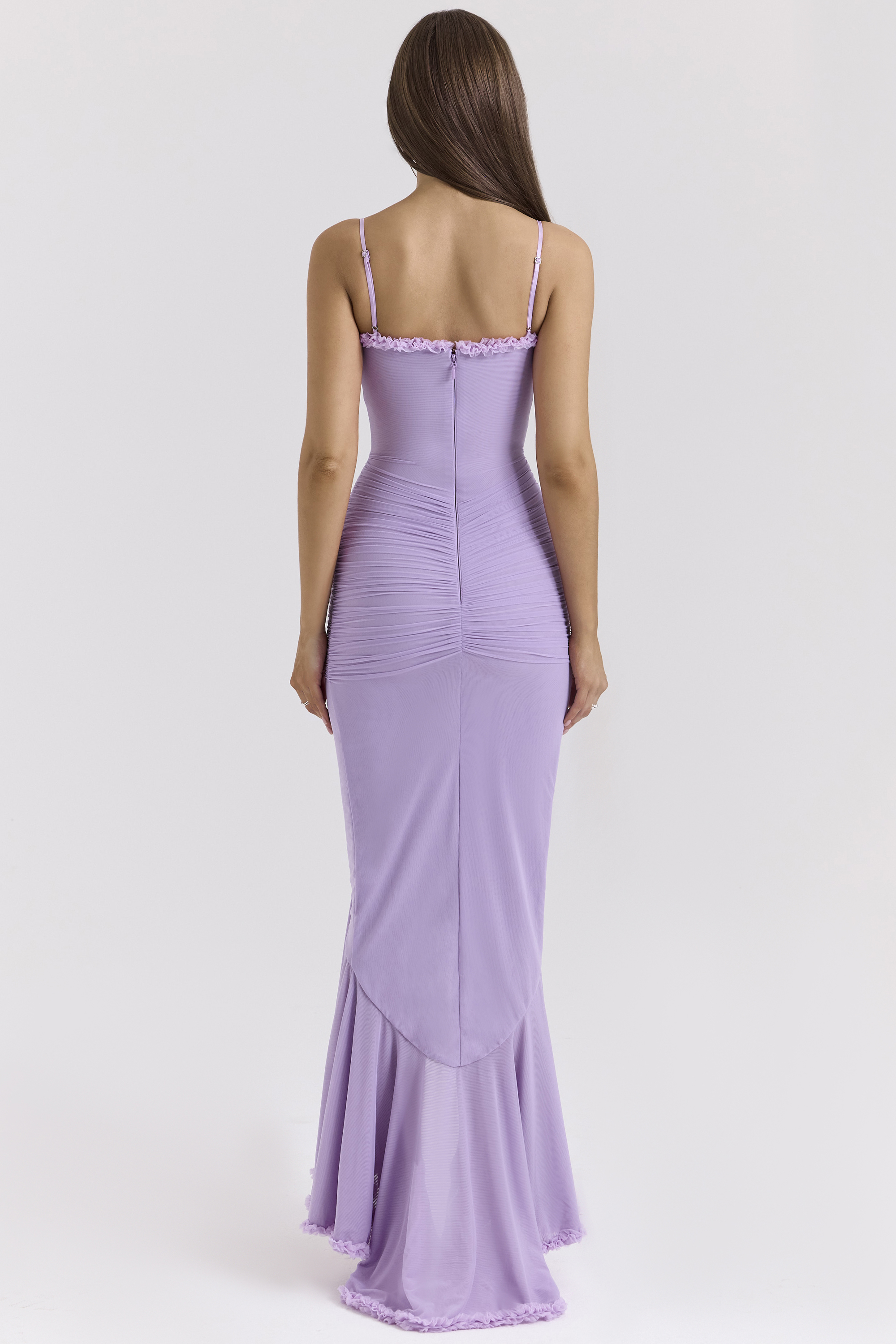 Gabbi Orchid Mesh Ruffled Front Gown