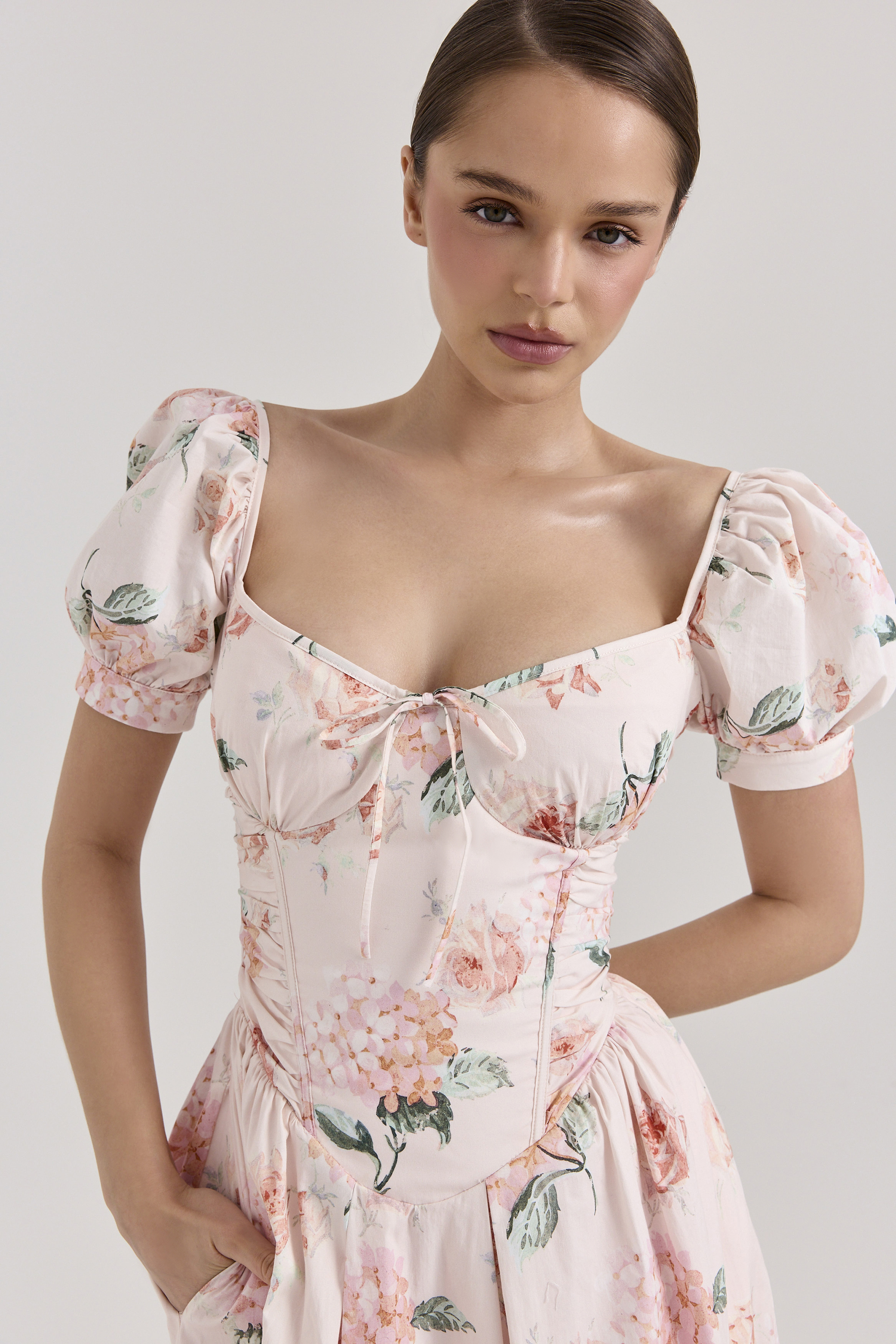 Lulabell Peach Floral Cotton Puff Sleeve Midi Dress