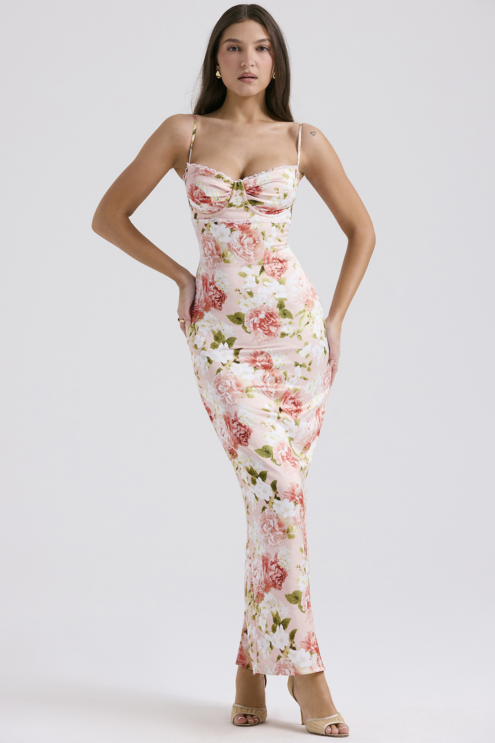 Josefina Pink Peony Print Satin Maxi Dress