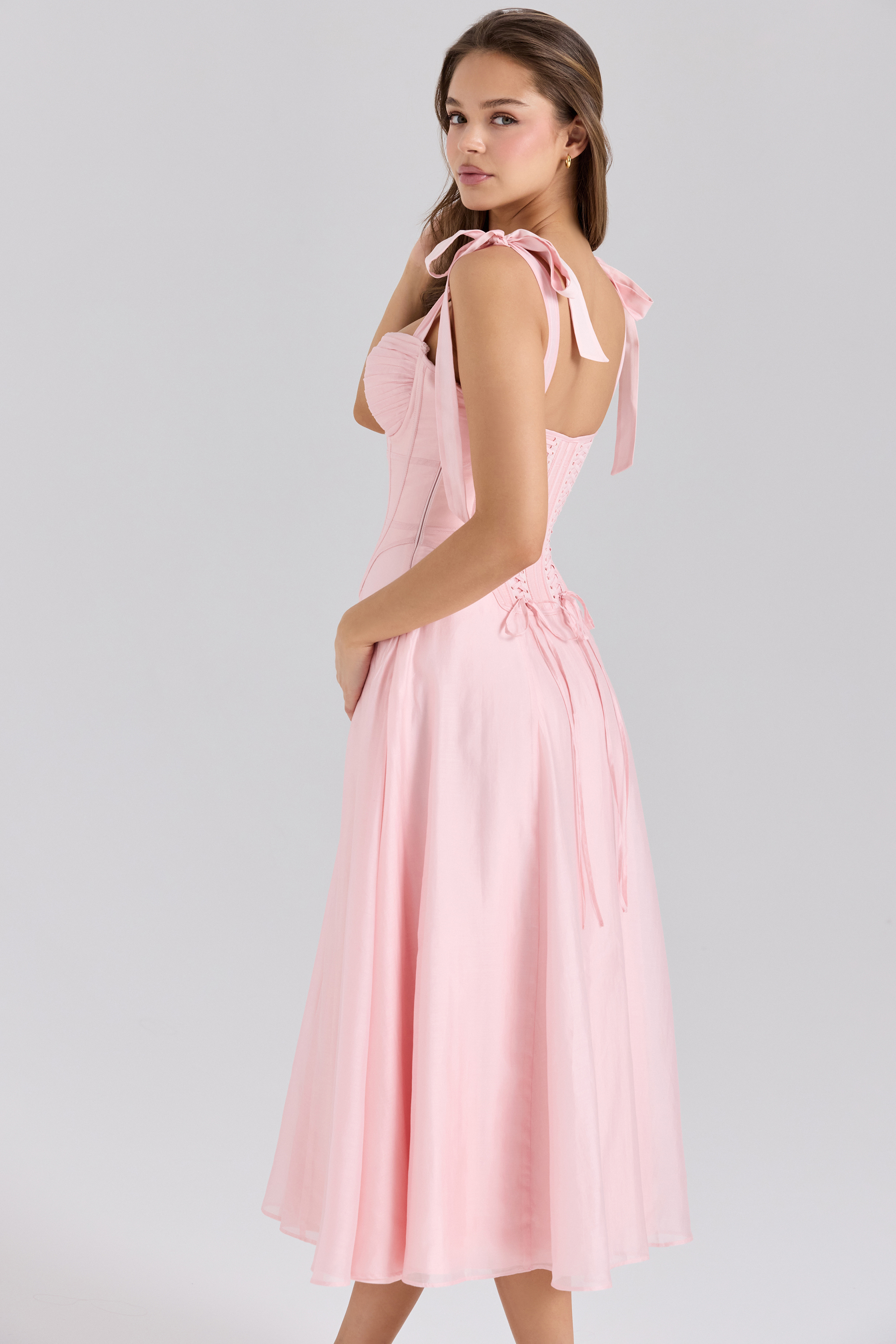 Leia Pink Chiffon Tie Strap Midi Dress