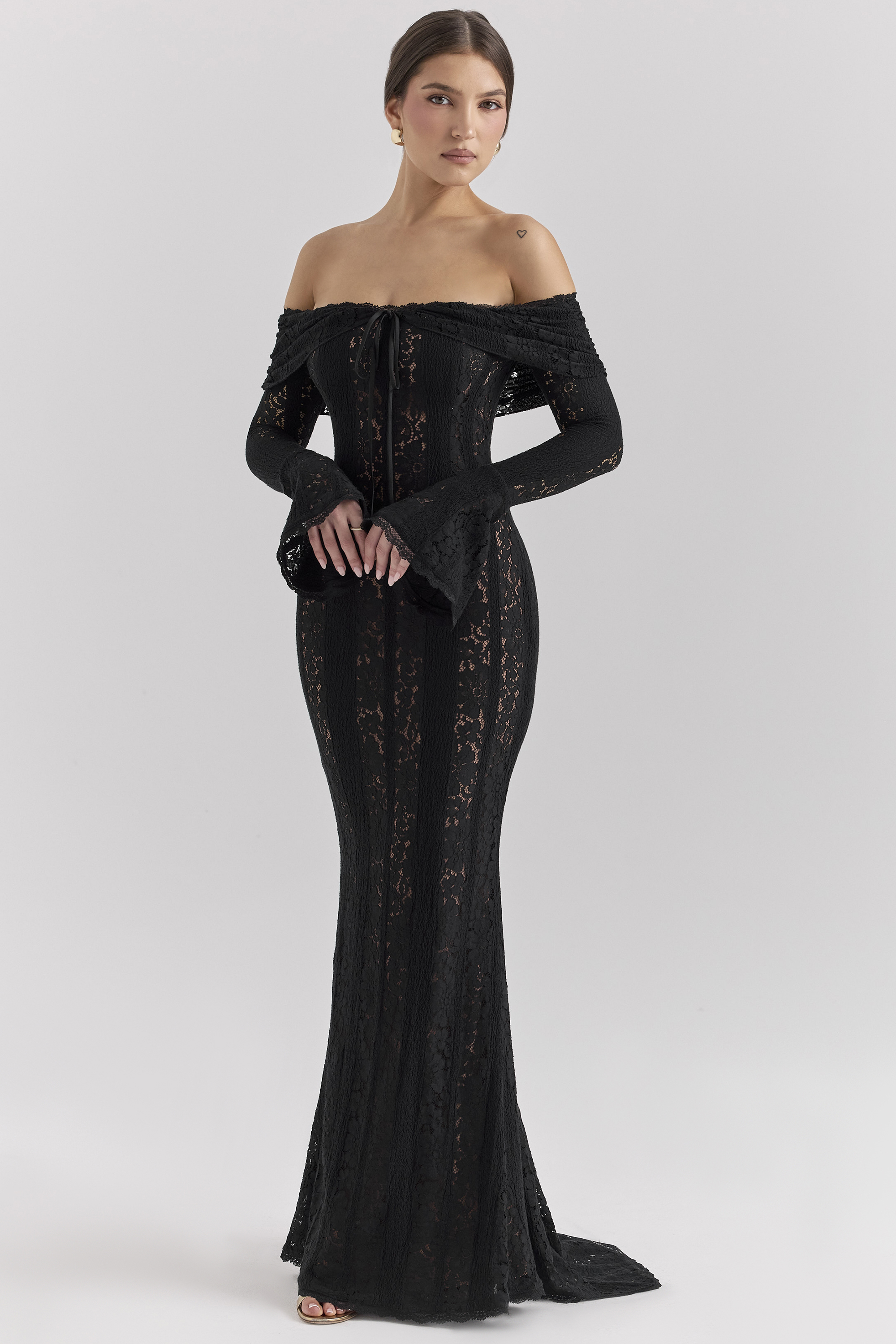 Belle Black Off Shoulder Floral Lace Maxi Dress