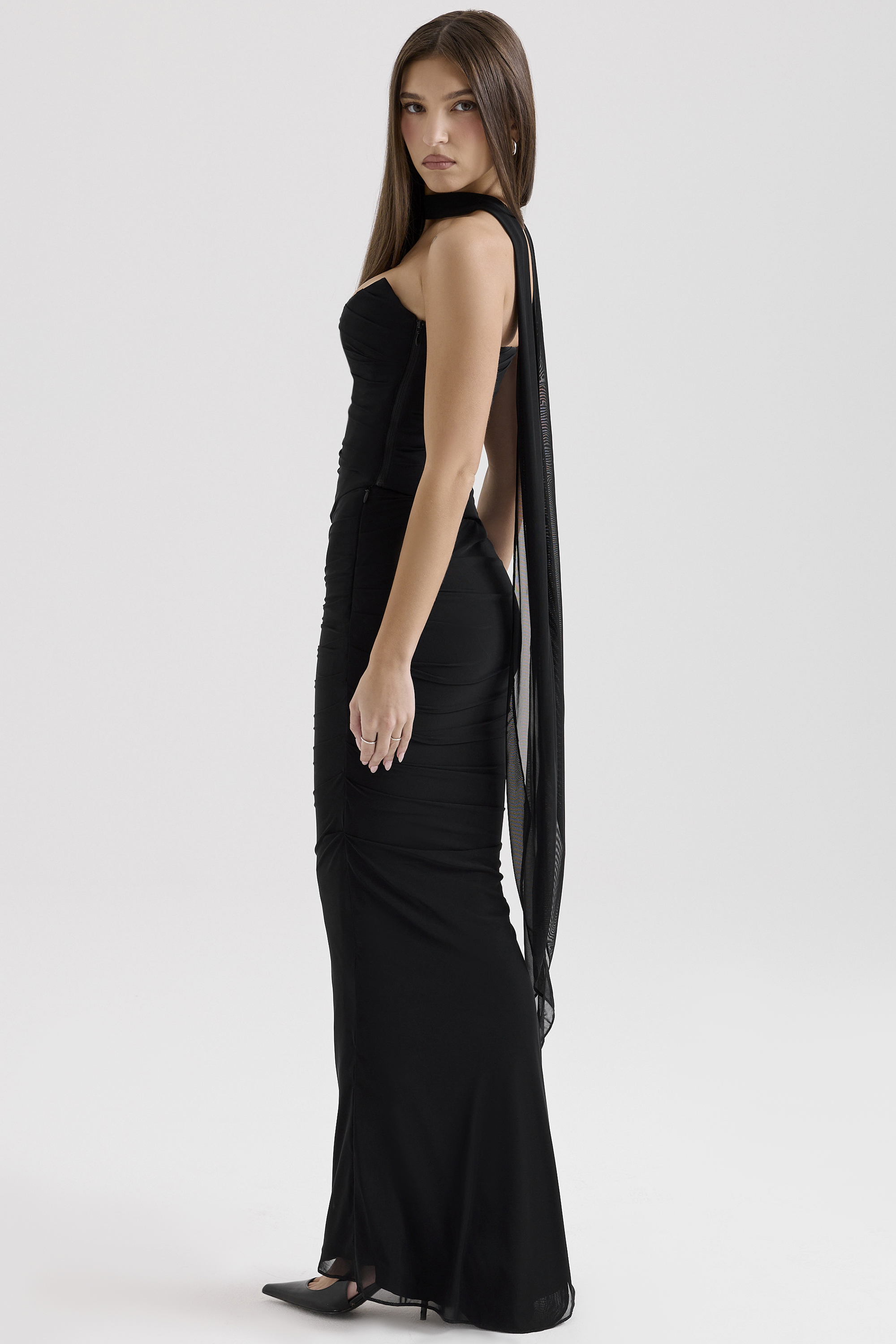 Cassidy Black Mesh Maxi Skirt with Fluted Hem