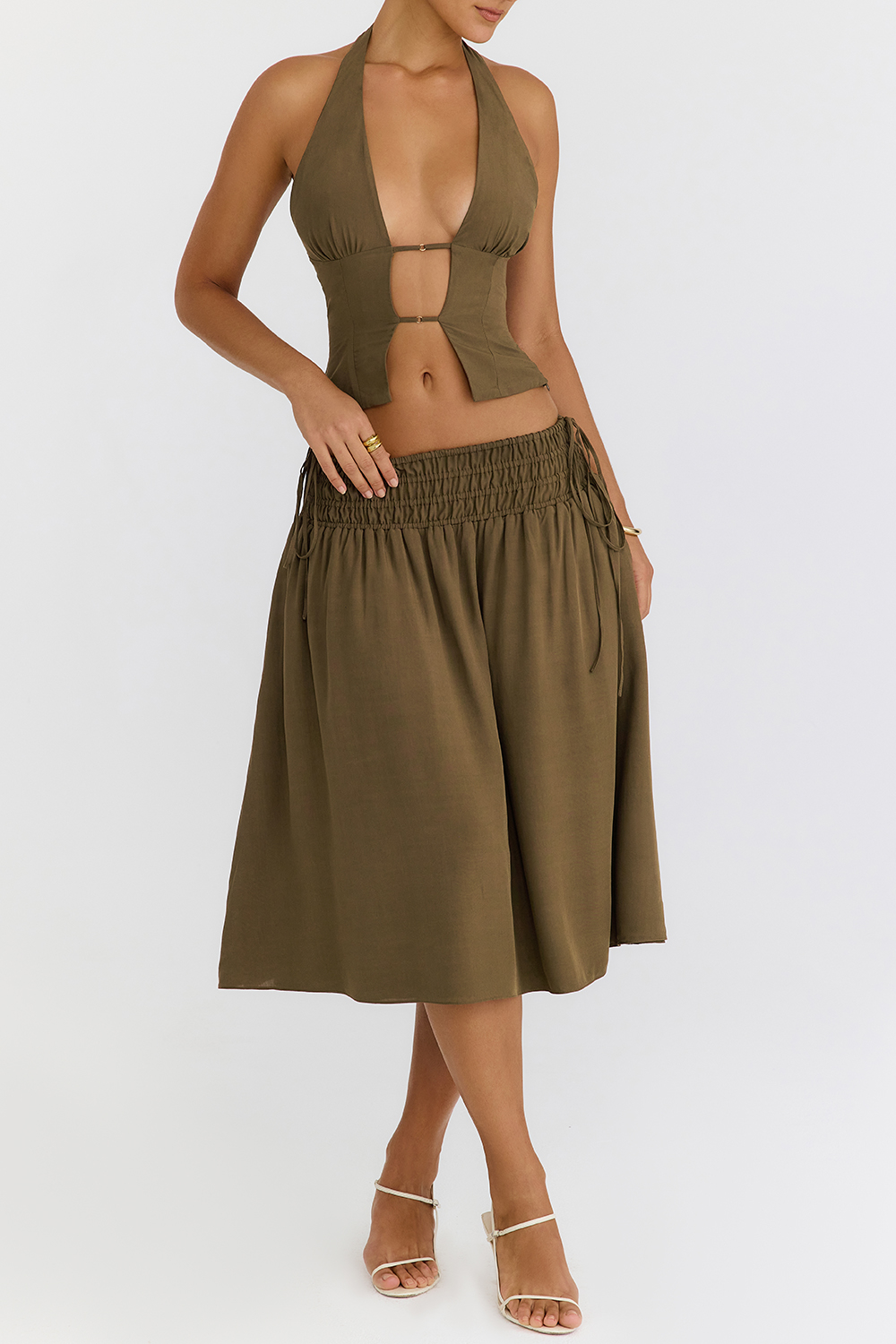 Mistress Rocks Olive Shirred Waist Midi Skirt - SALE