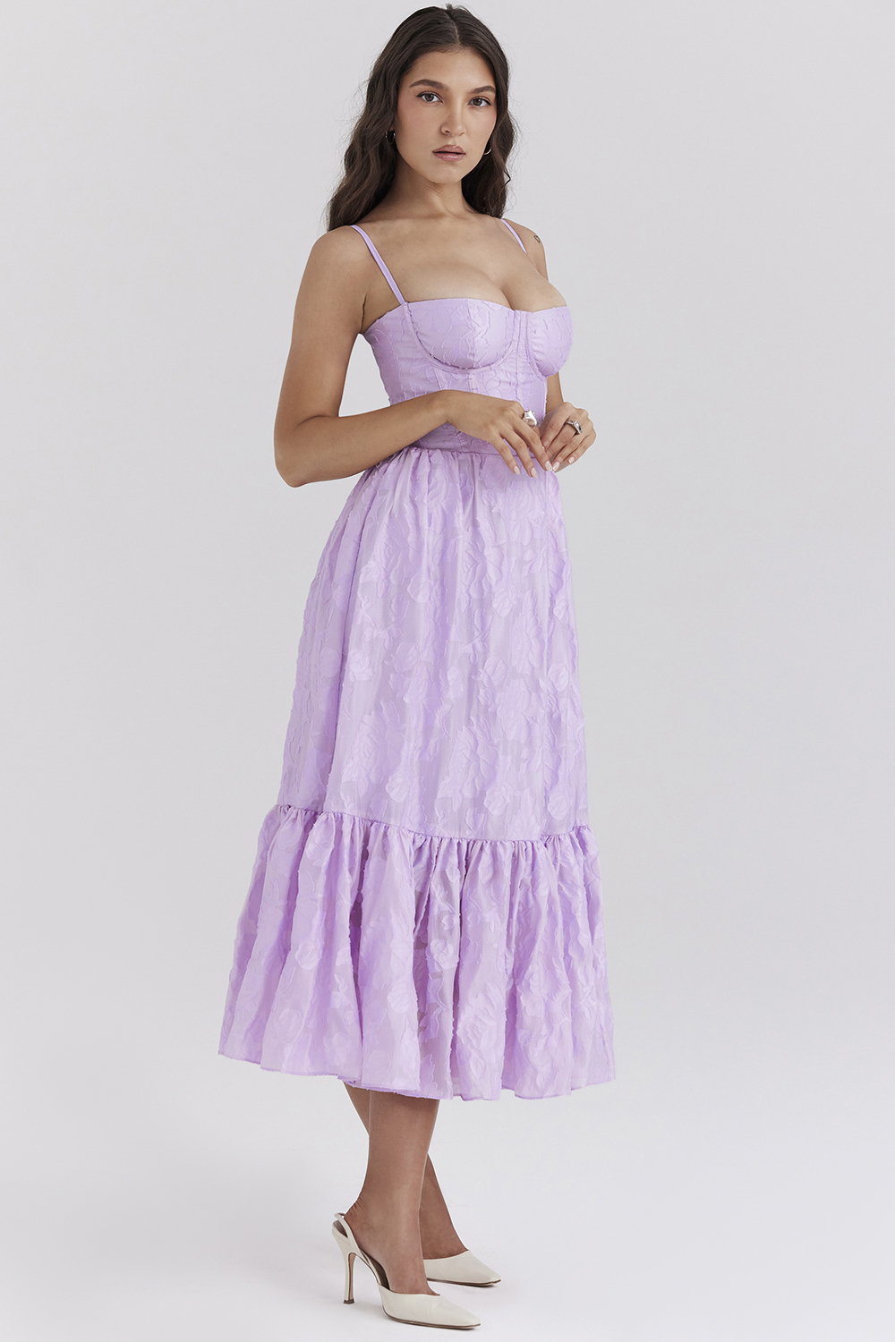 Mira Orchid Floral Jacquard Tiered Midi Dress