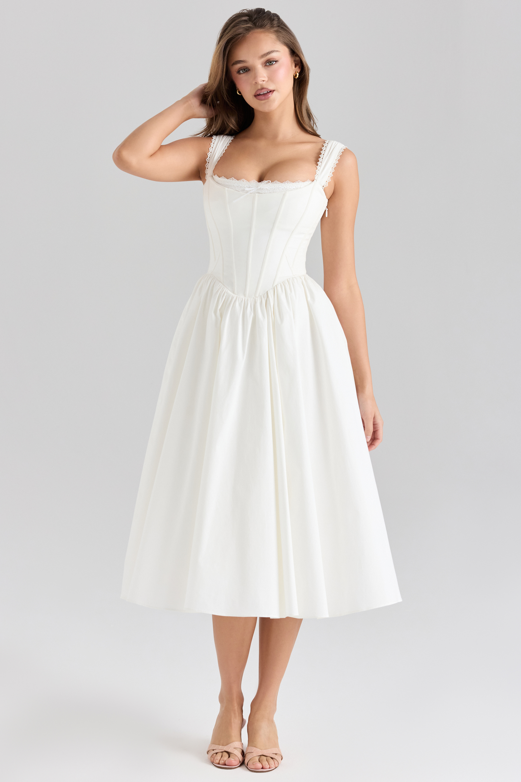 Amara White Stretch Cotton Corset Midi Dress