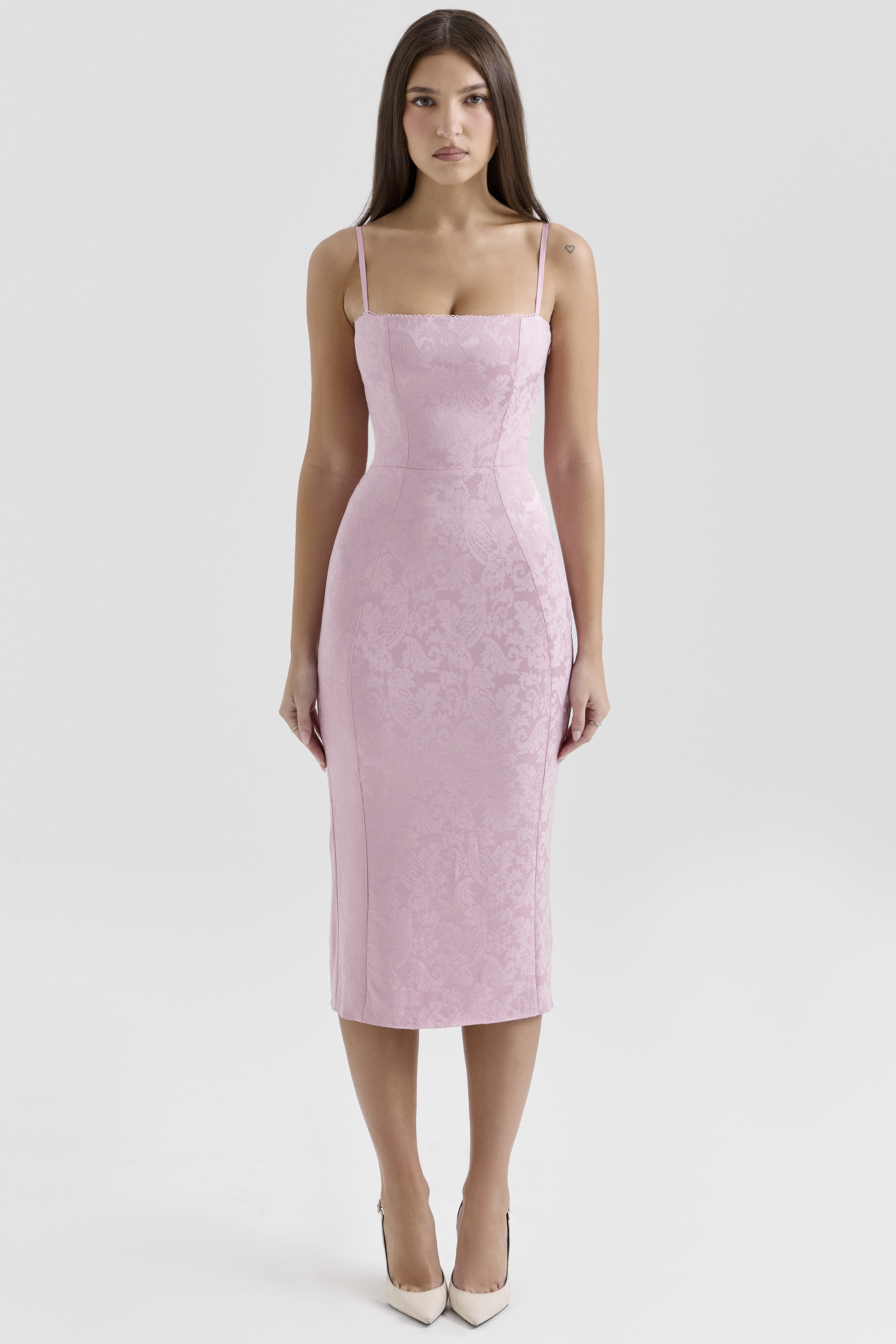 Ophelle Pink Jacquard Lace Up Bodycon Midi Dress