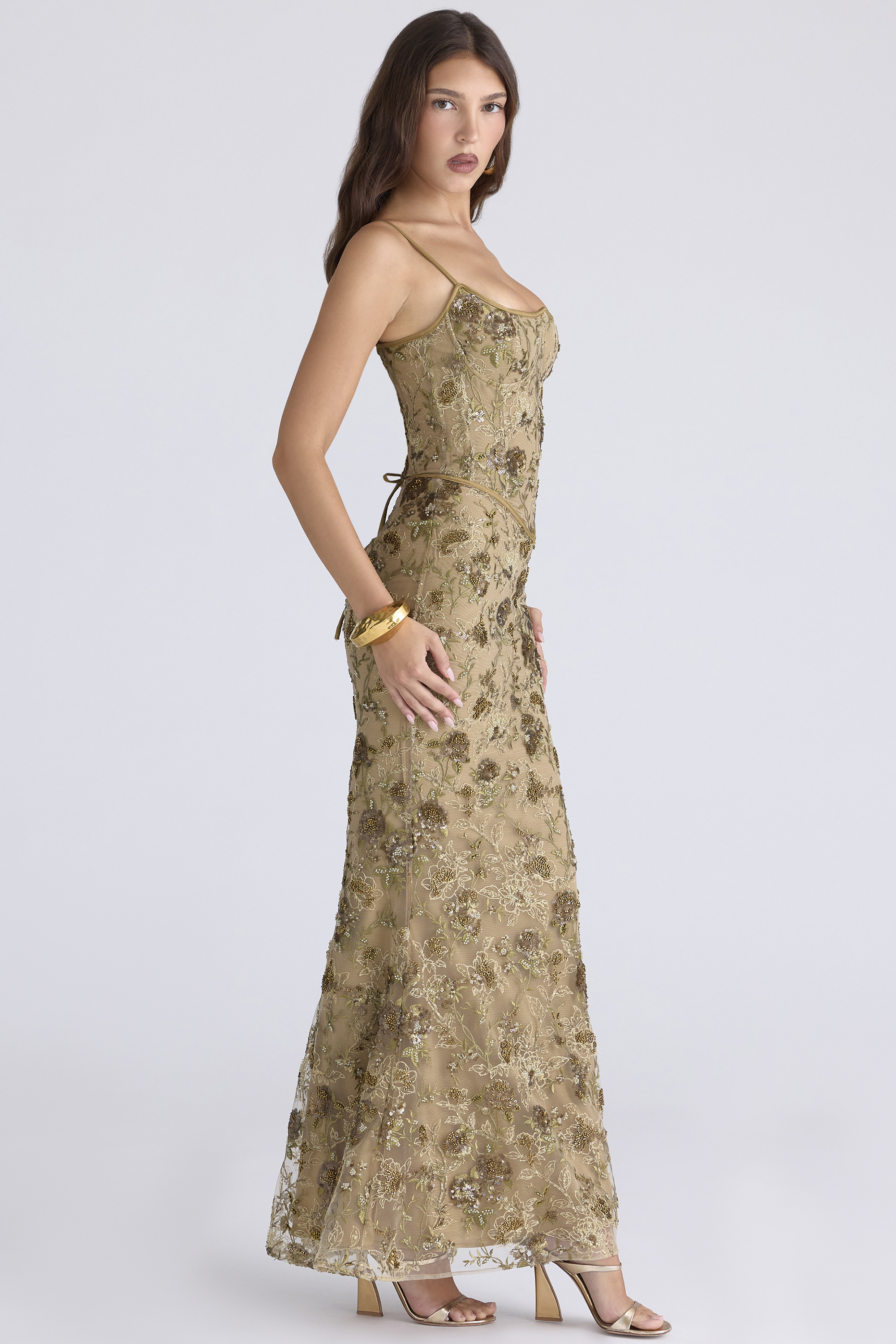 Naima Olive Bronze Hand Beaded Embellished Corset Maxi Dress - Limited Edition