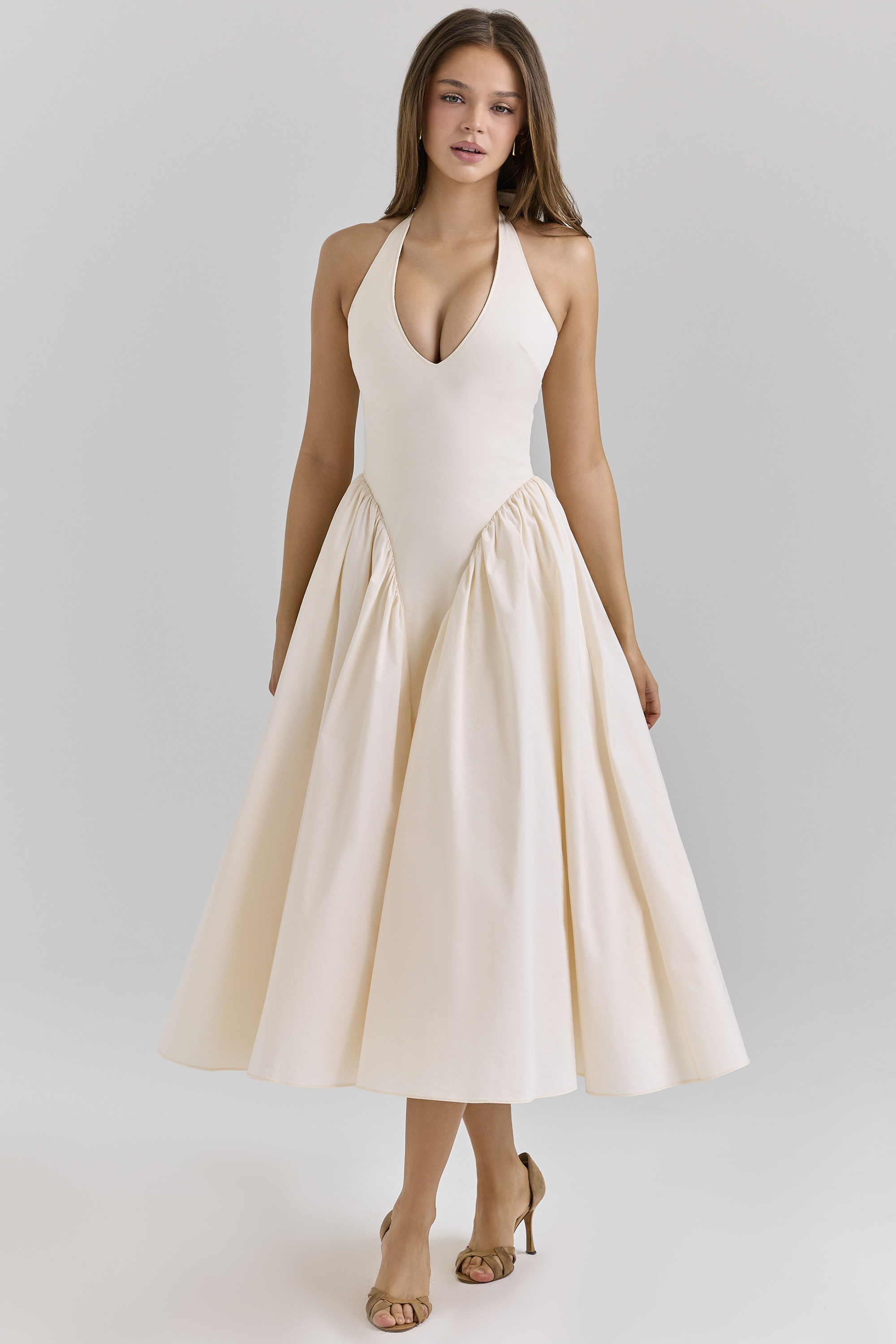 Marilyn Ecru Stretch Cotton Midi Sundress