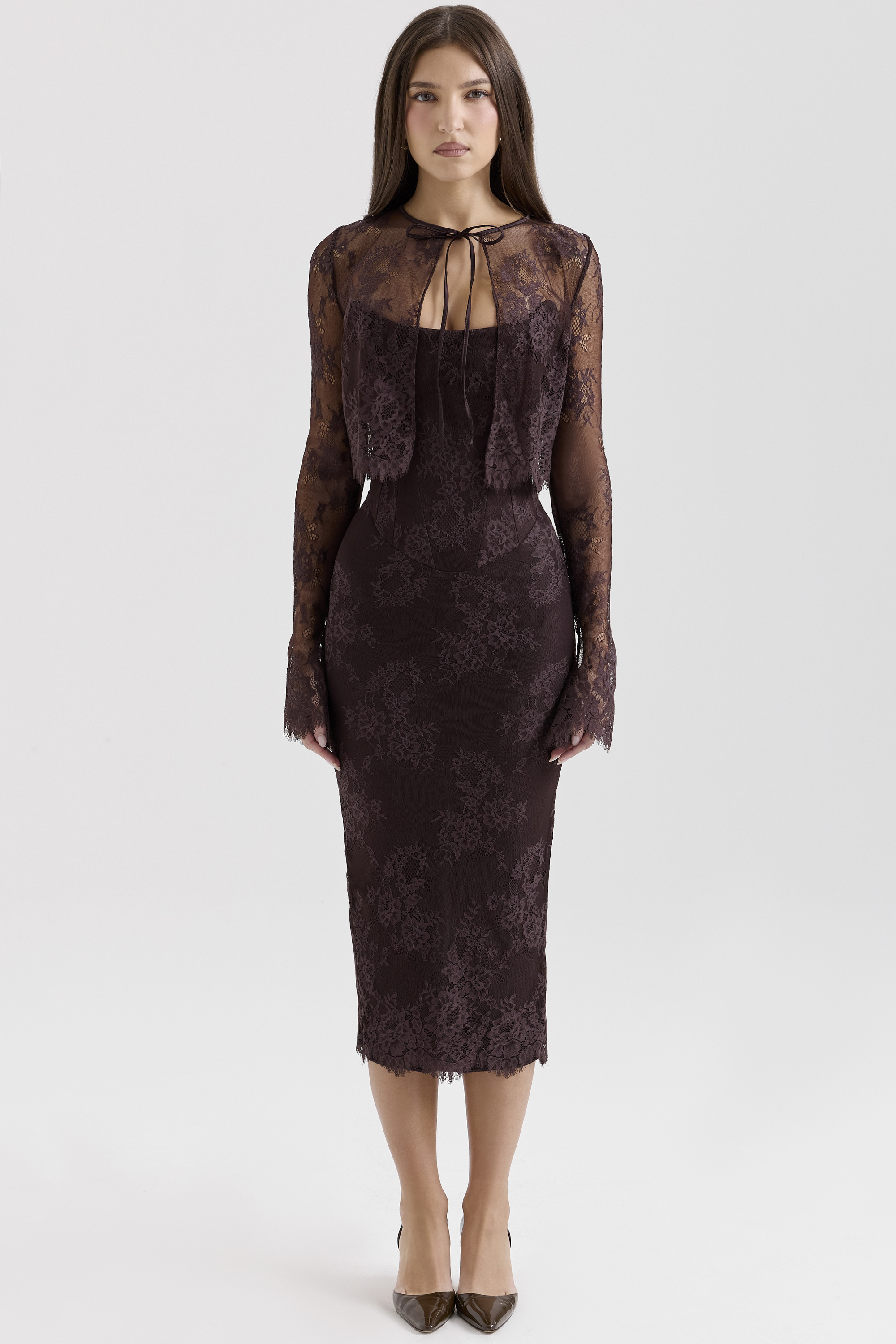 Larra Bitter Chocolate Lace Corset Midi Dress & Bolero