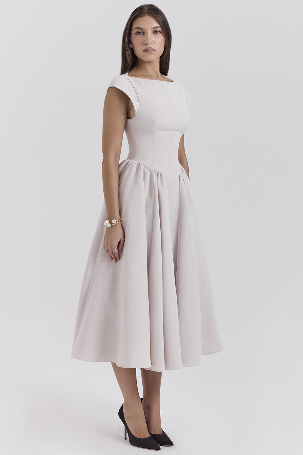 Debutante French Dove Moire Satin Backless Midi Dress