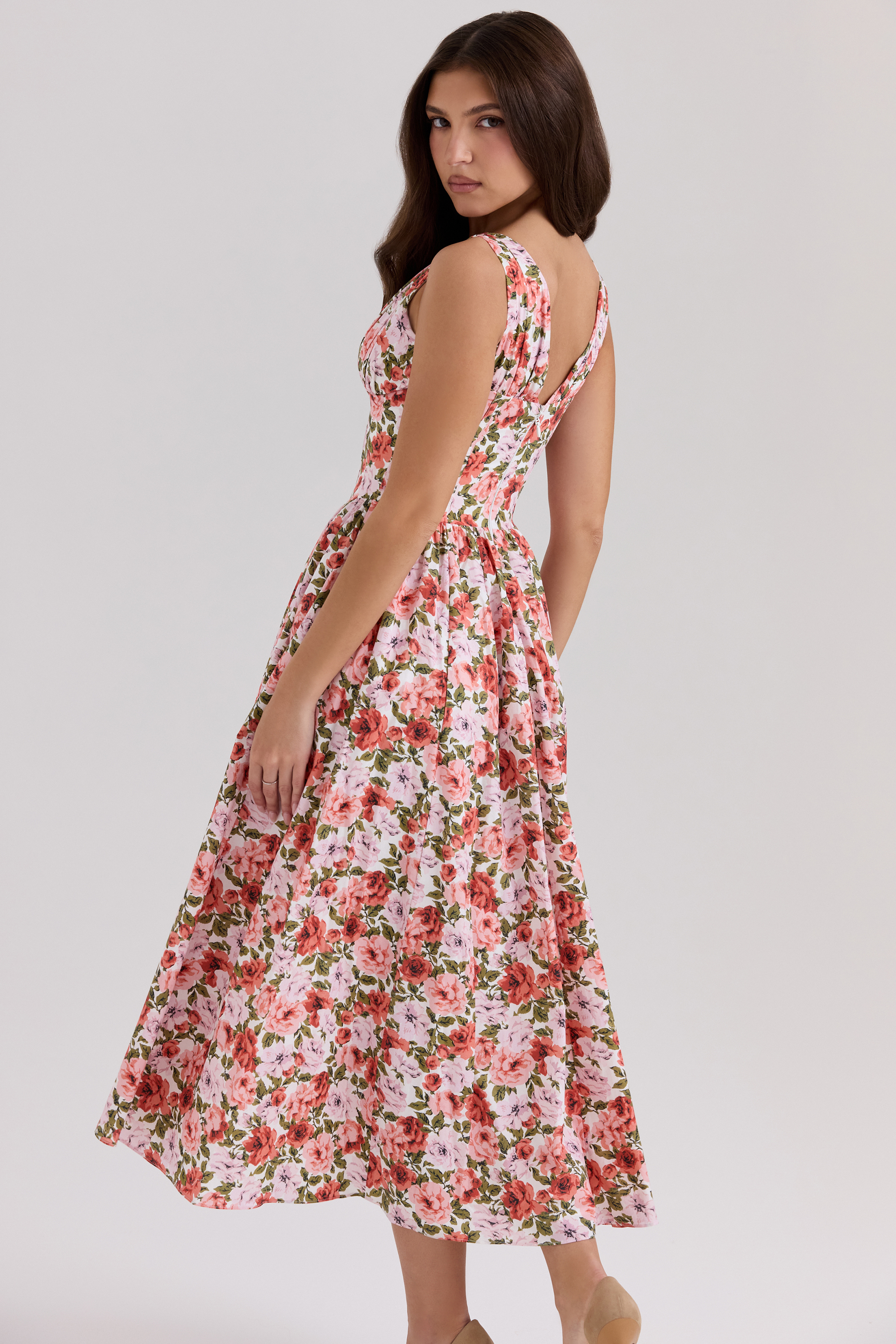 Emmelina Floral Rose Print Stretch Cotton Corset Sundress