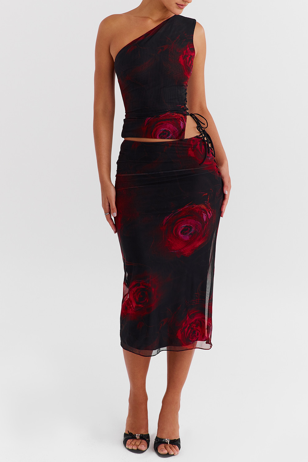 Mistress Rocks Black Rose Print Lace Up Midi Skirt - SALE