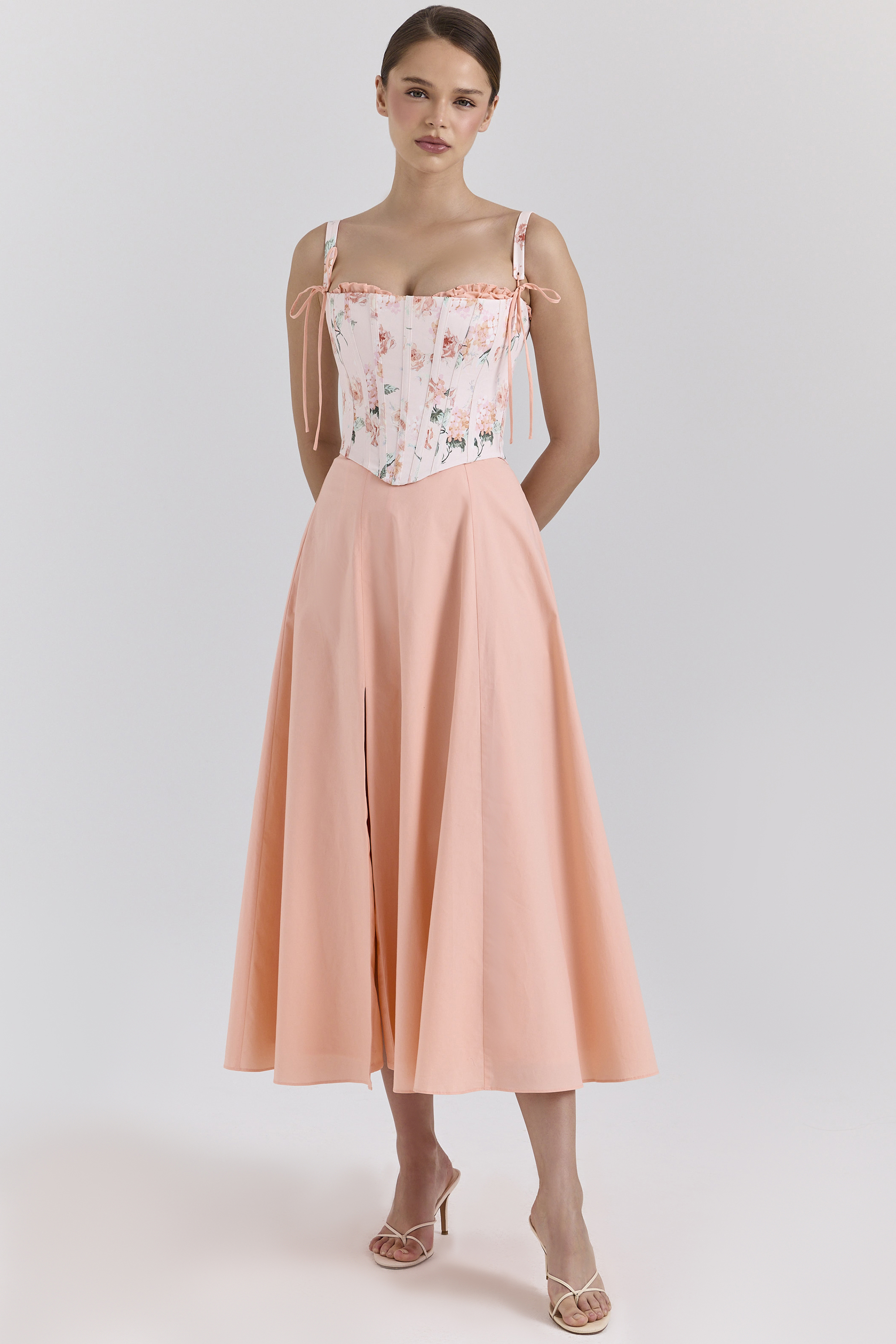 Clarabelle Peach Cotton Detachable Corset Midi SunDress