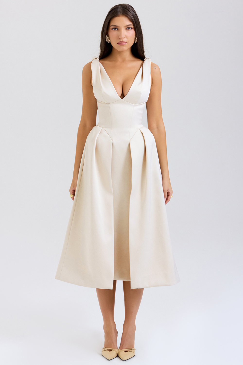 Paloma Vintage Cream Satin Pleated Midi Dress - SALE