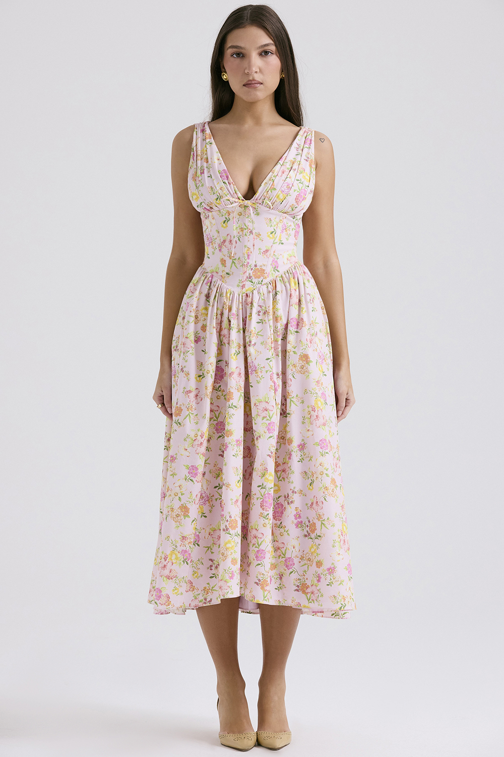 Emmelina Pink Meadow Print Cotton Corset Sundress