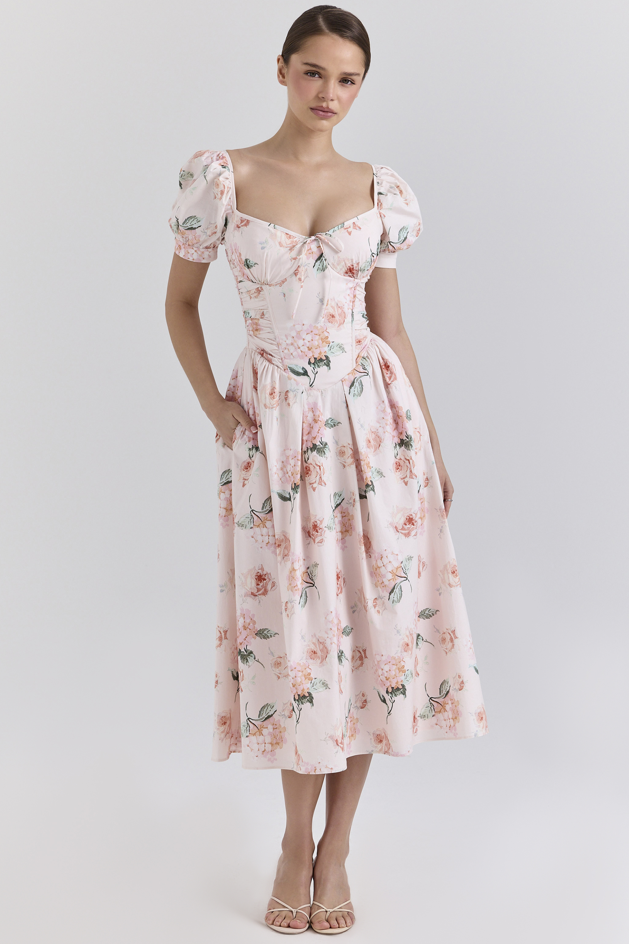 Lulabell Peach Floral Cotton Puff Sleeve Midi Dress