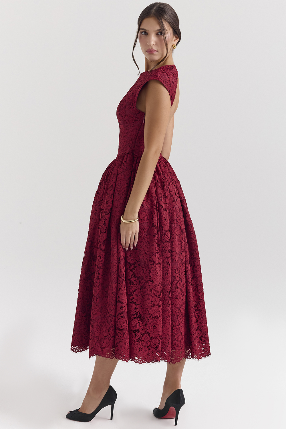 Debutante Berry Lace Backless Midi Dress