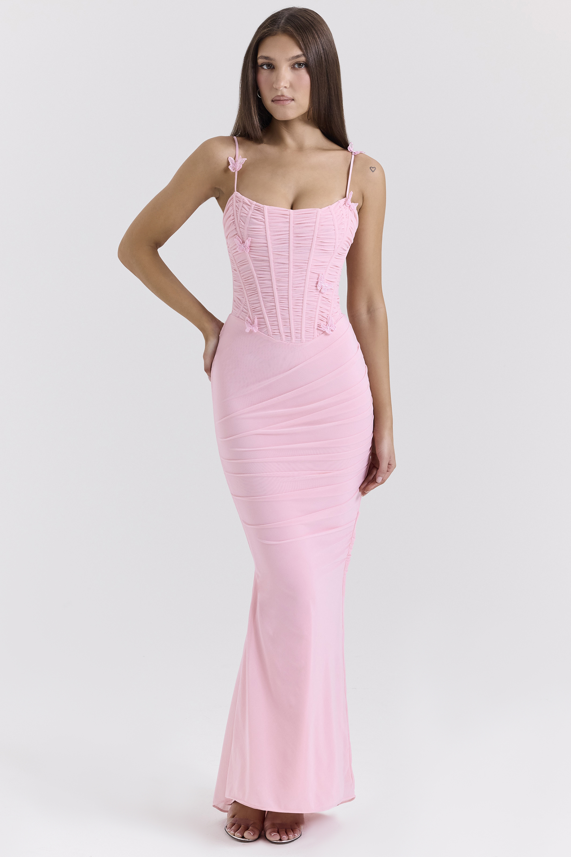 Romola Pink Stretch Mesh Butterfly Maxi Dress