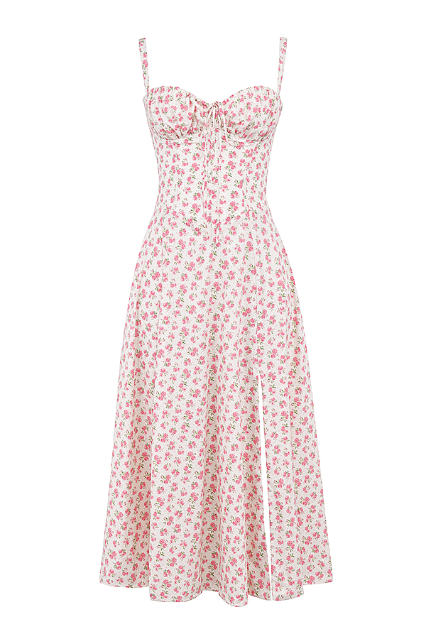 Carmen White Rosebud Print Cotton Bustier Sundress