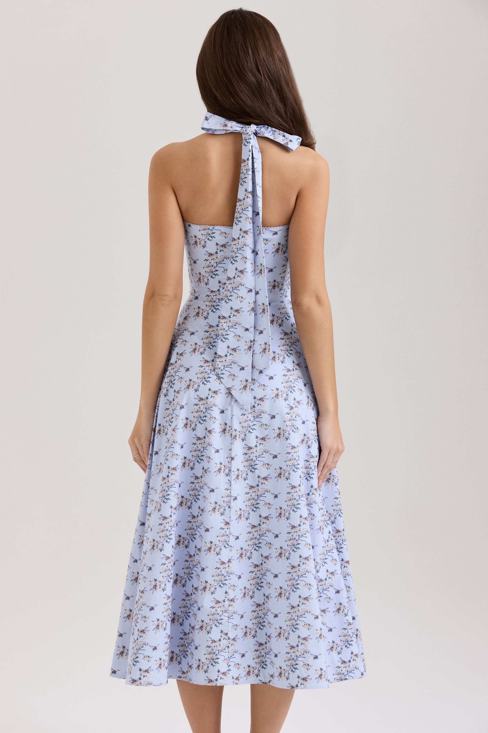Claudia Blue Floral Print Stretch Cotton Halter Neck Midi Dress