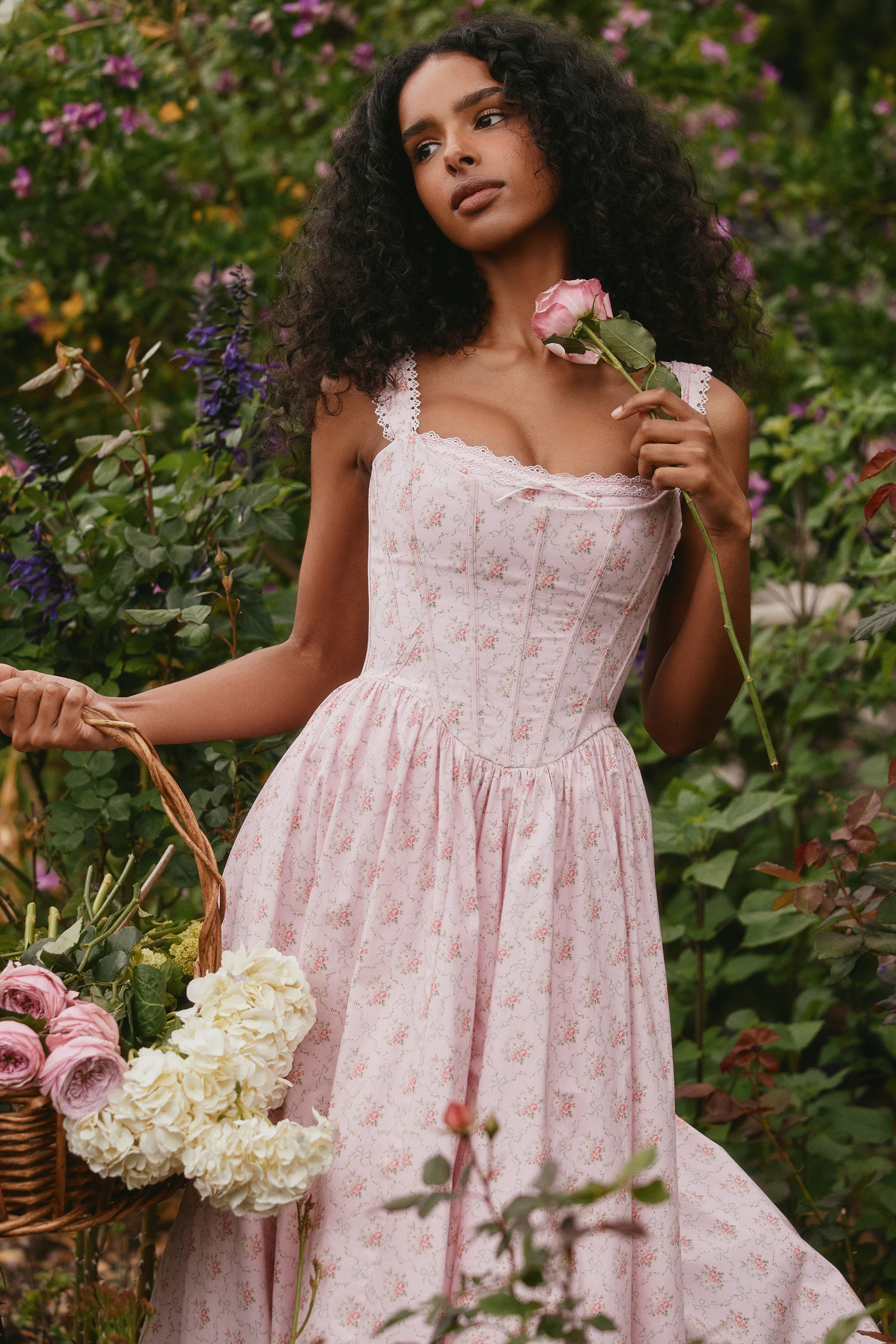 Amara Pink Rose Print Stretch Cotton Corset Midi Dress