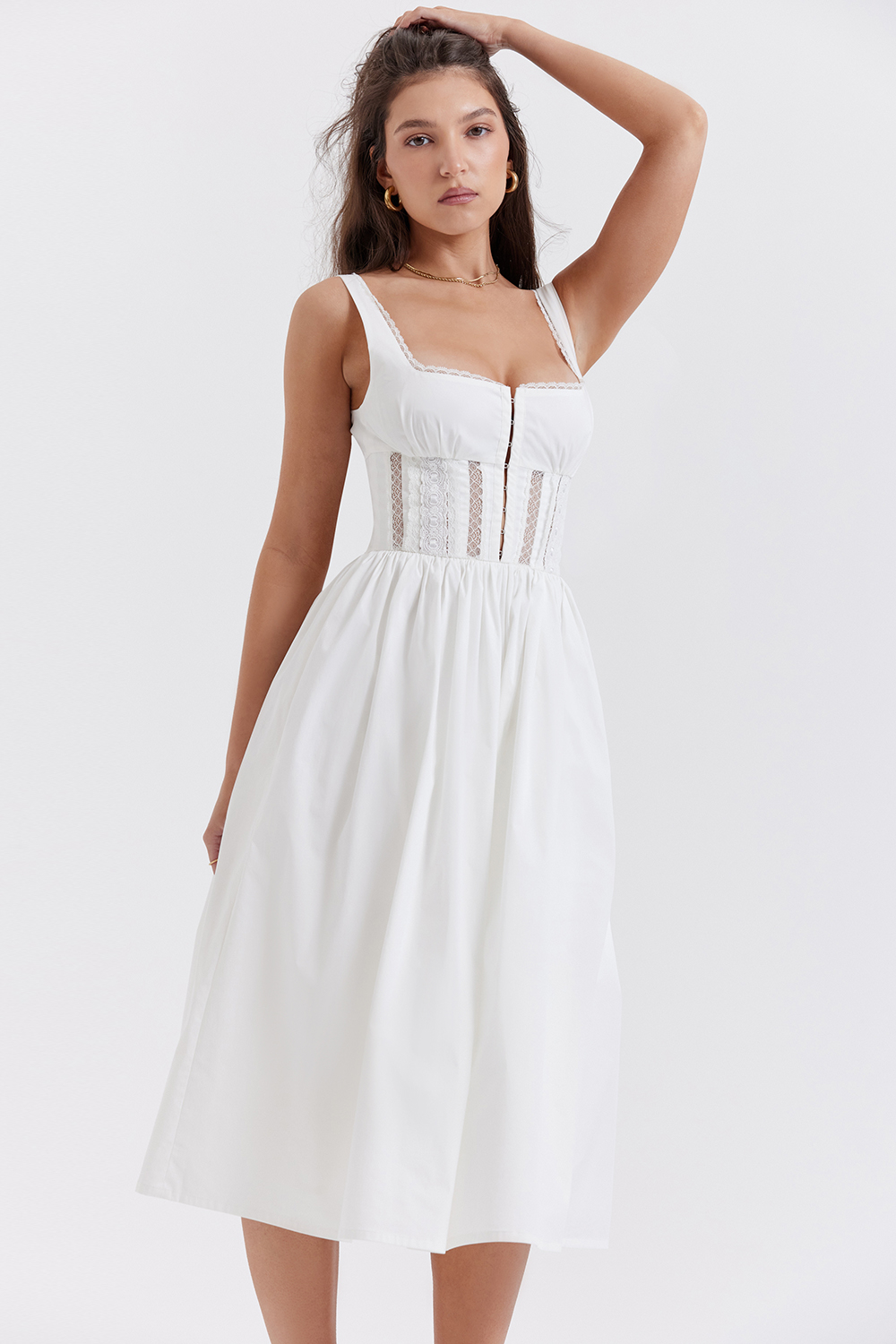 Perle White Lace Trim Midi Dress