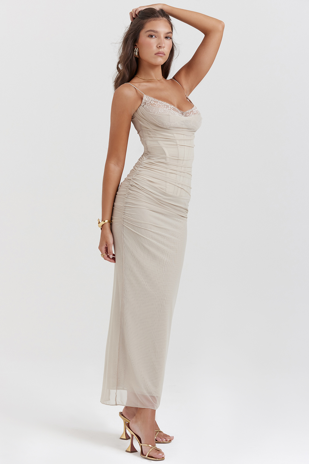 Nalini Sand Stretch Mesh Maxi Dress