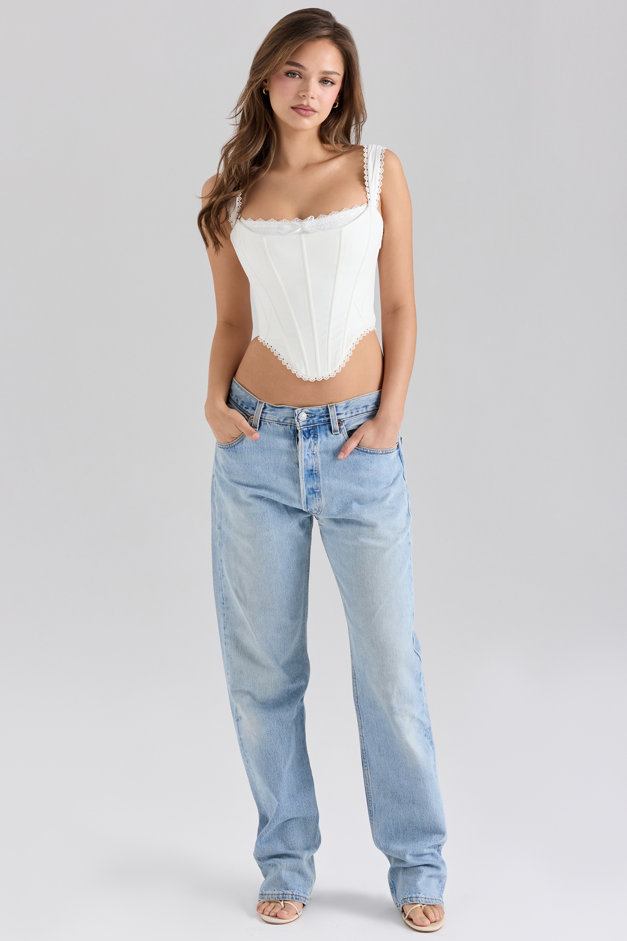 Adina White Stretch Cotton Scallop Trim Corset Top