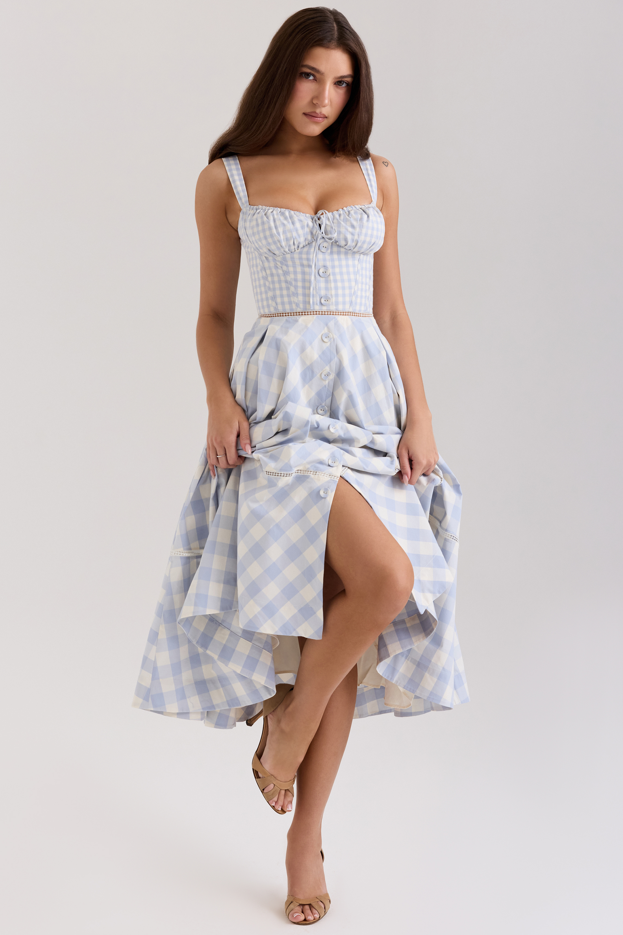 Chiarina Light Blue Gingham Stretch Cotton Midi Dress