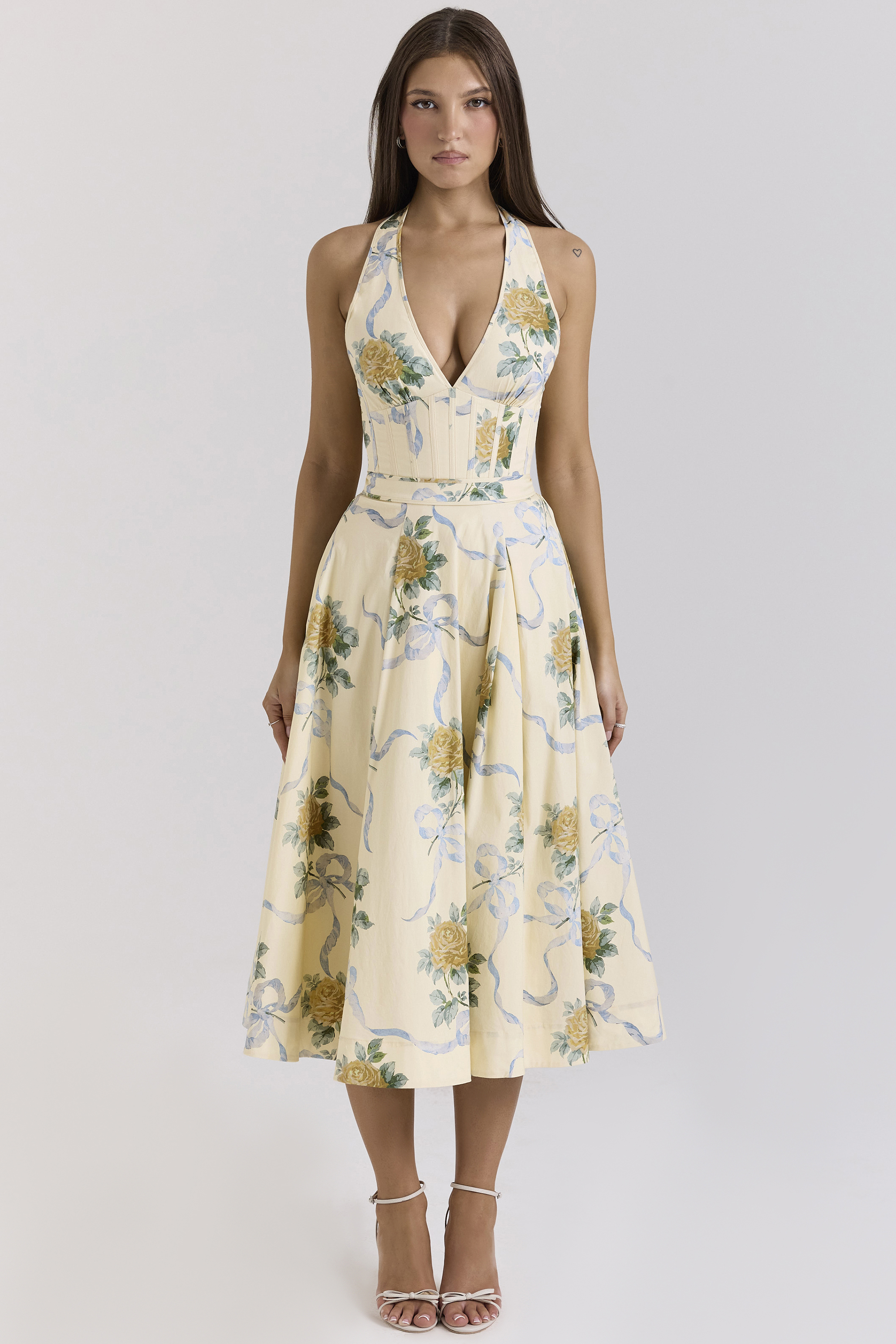Allena Lemon Ribbon Stretch Cotton Halter Midi Sundress