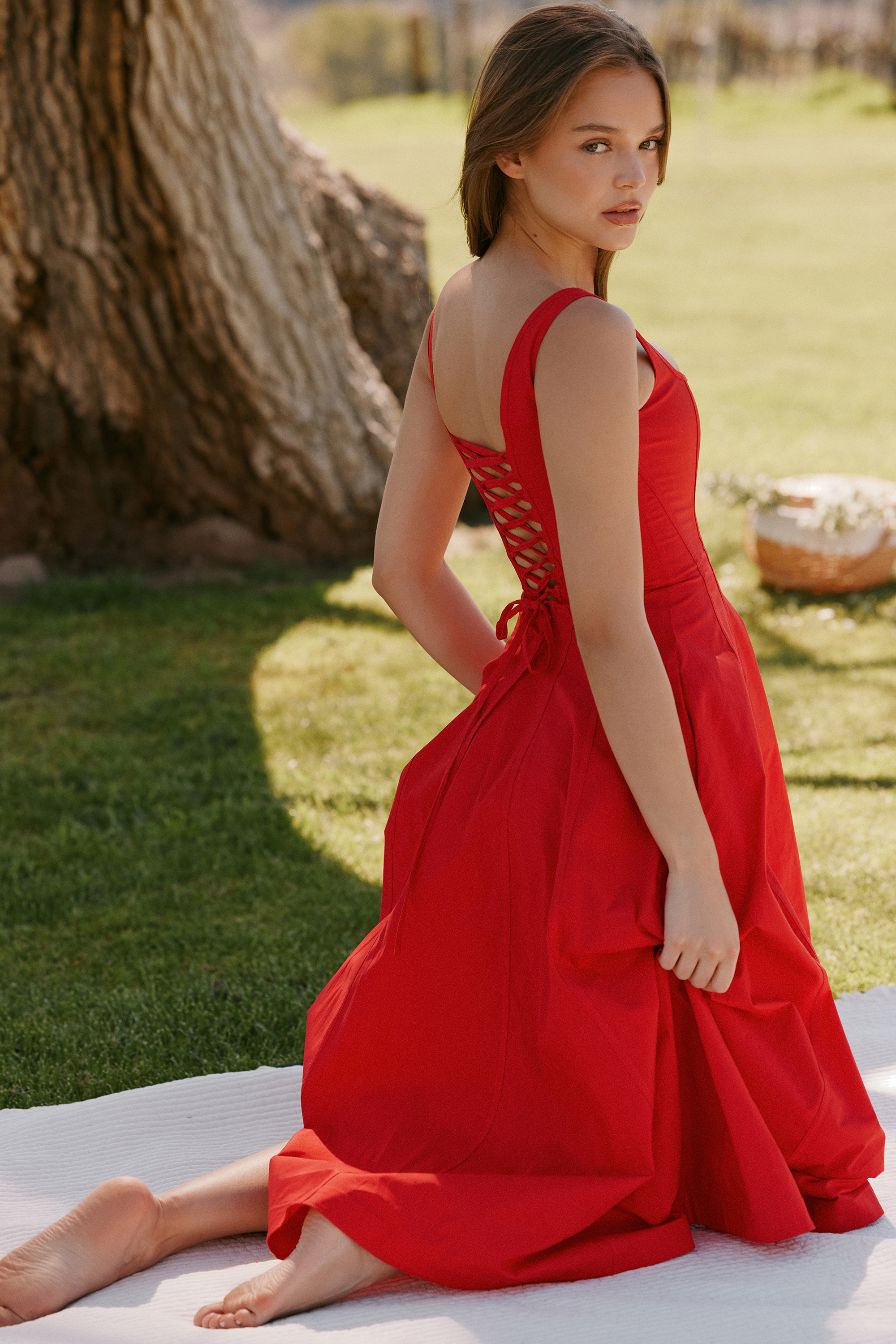 Mariabella Red Stretch Cotton Midi Sundress