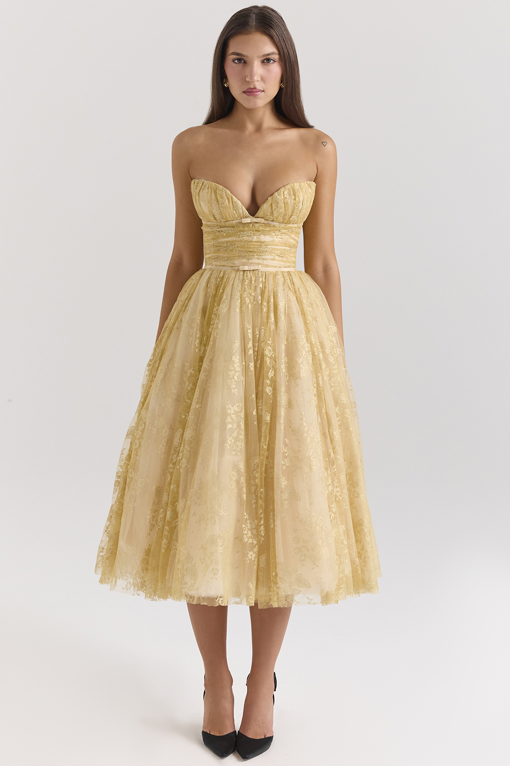 Madame Gold Metallic Lace Tulle Midi Gown