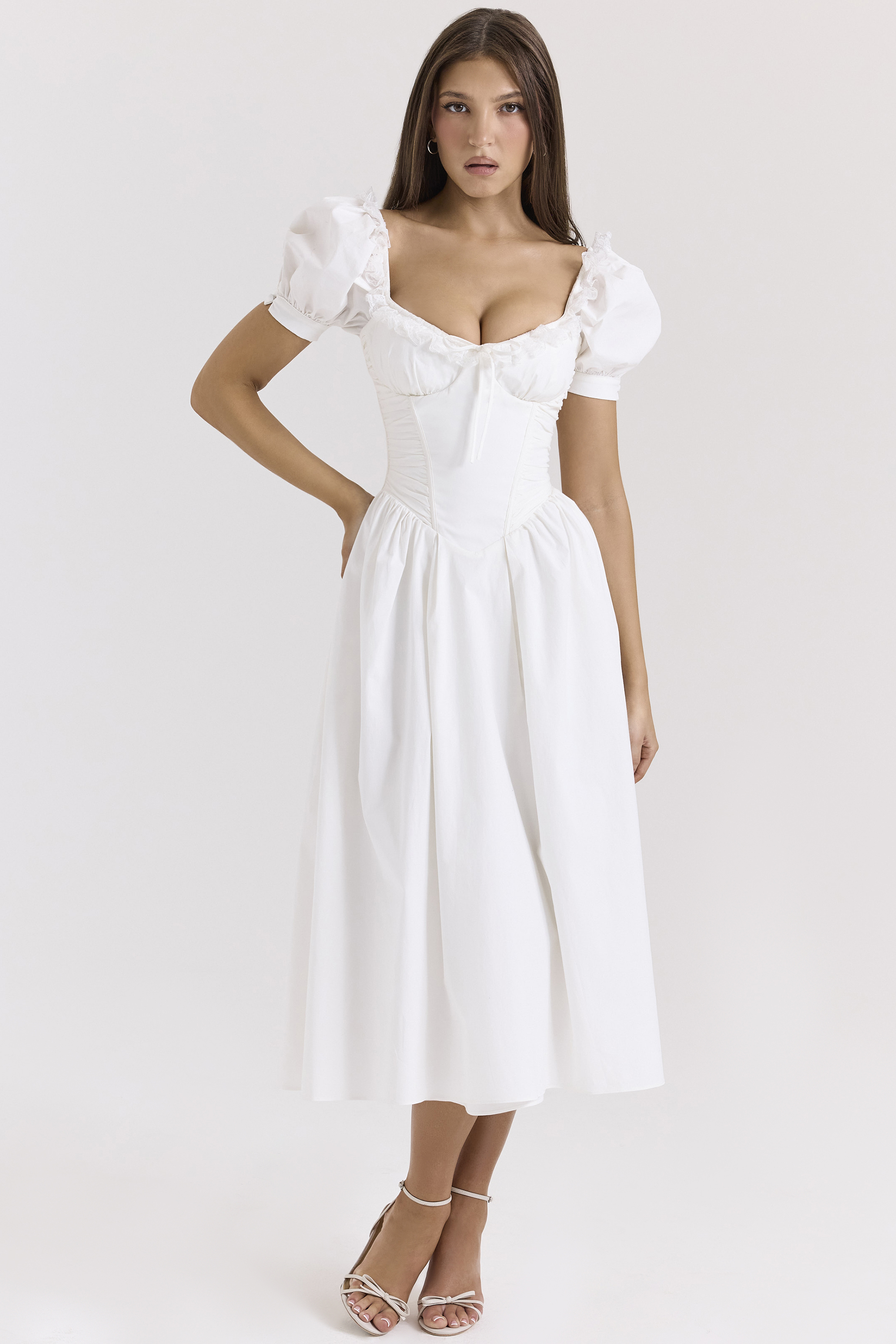 Lulabell White Stretch Cotton Puff Sleeve Midi Dress