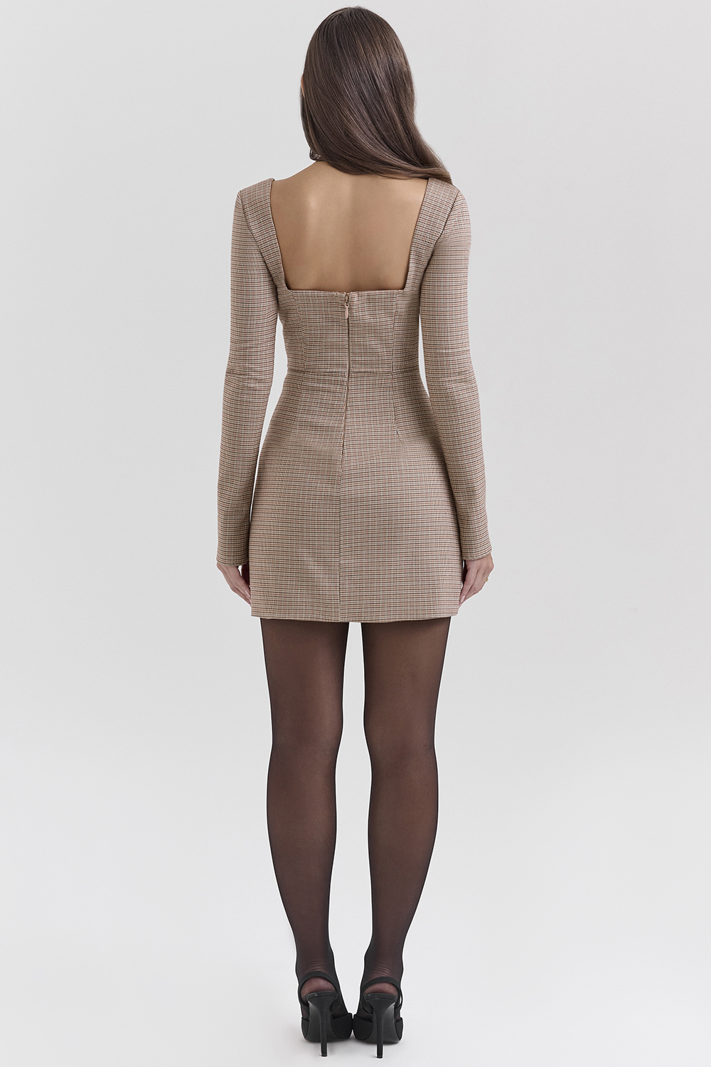 Angelie Brown Puppytooth Check Plunge Mini Dress - SALE