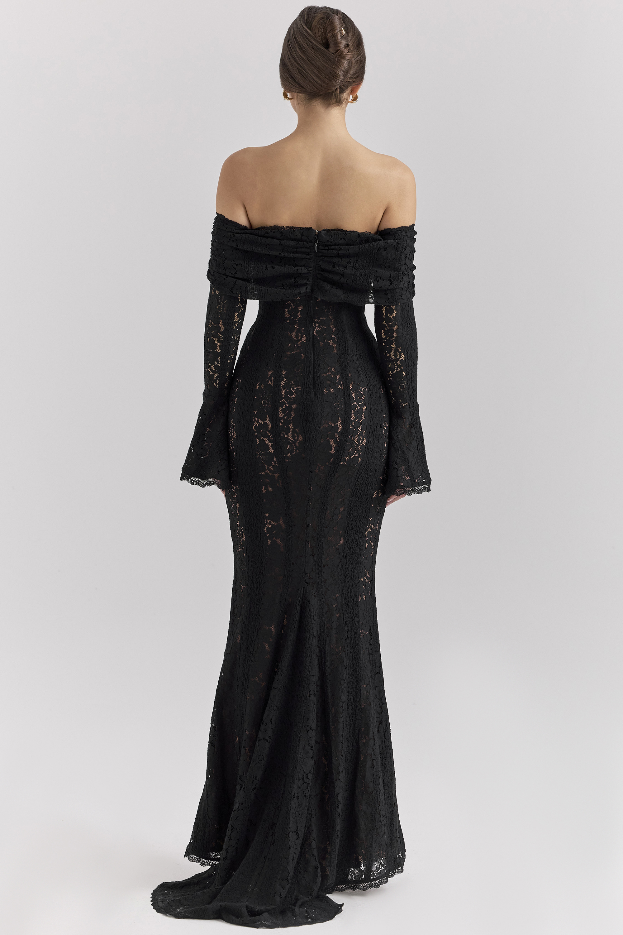 Belle Black Off Shoulder Floral Lace Maxi Dress